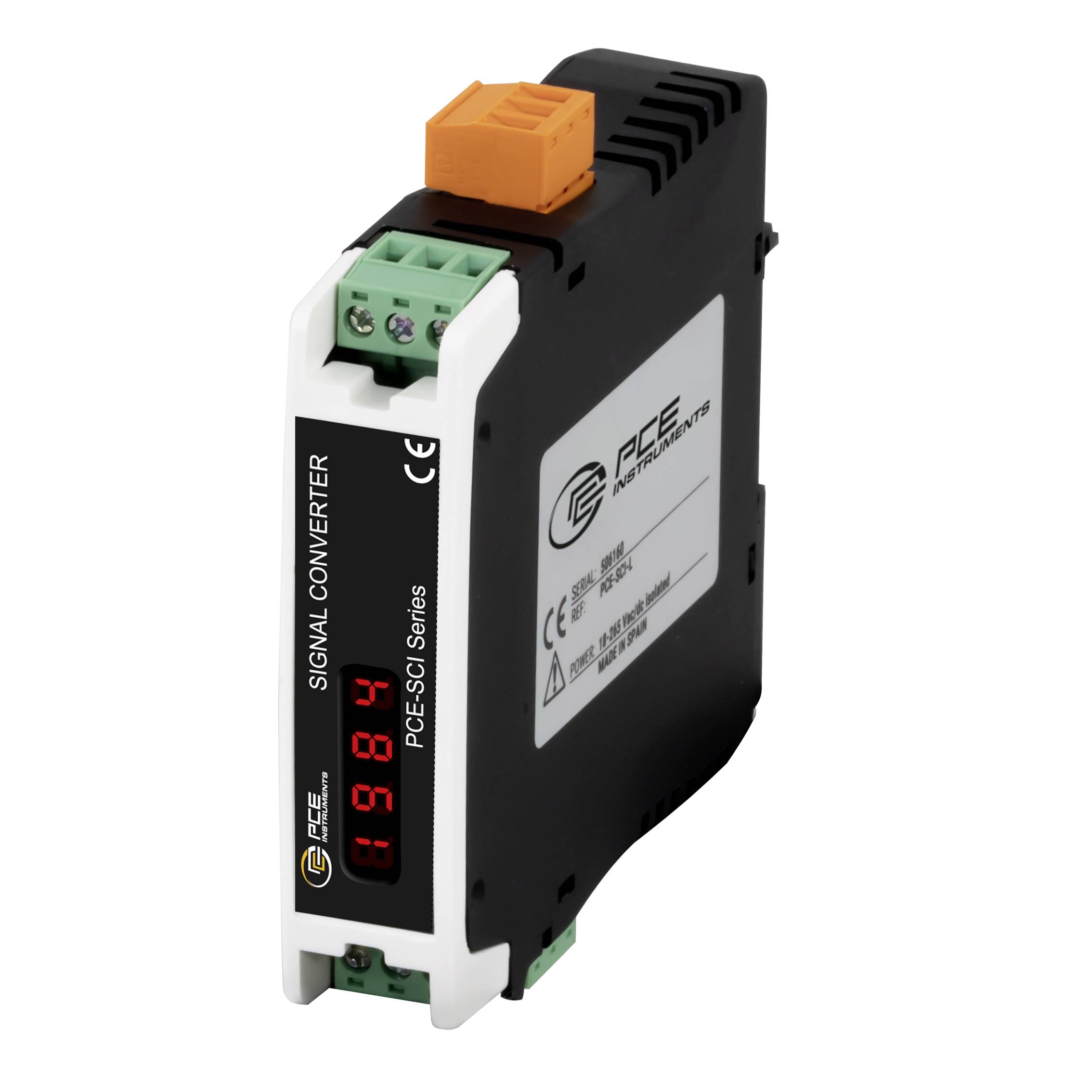 Industrielles Signalwandlermodul mit roter LED-Anzeige und Schraubklemmenverbindern auf weißem Hintergrund.