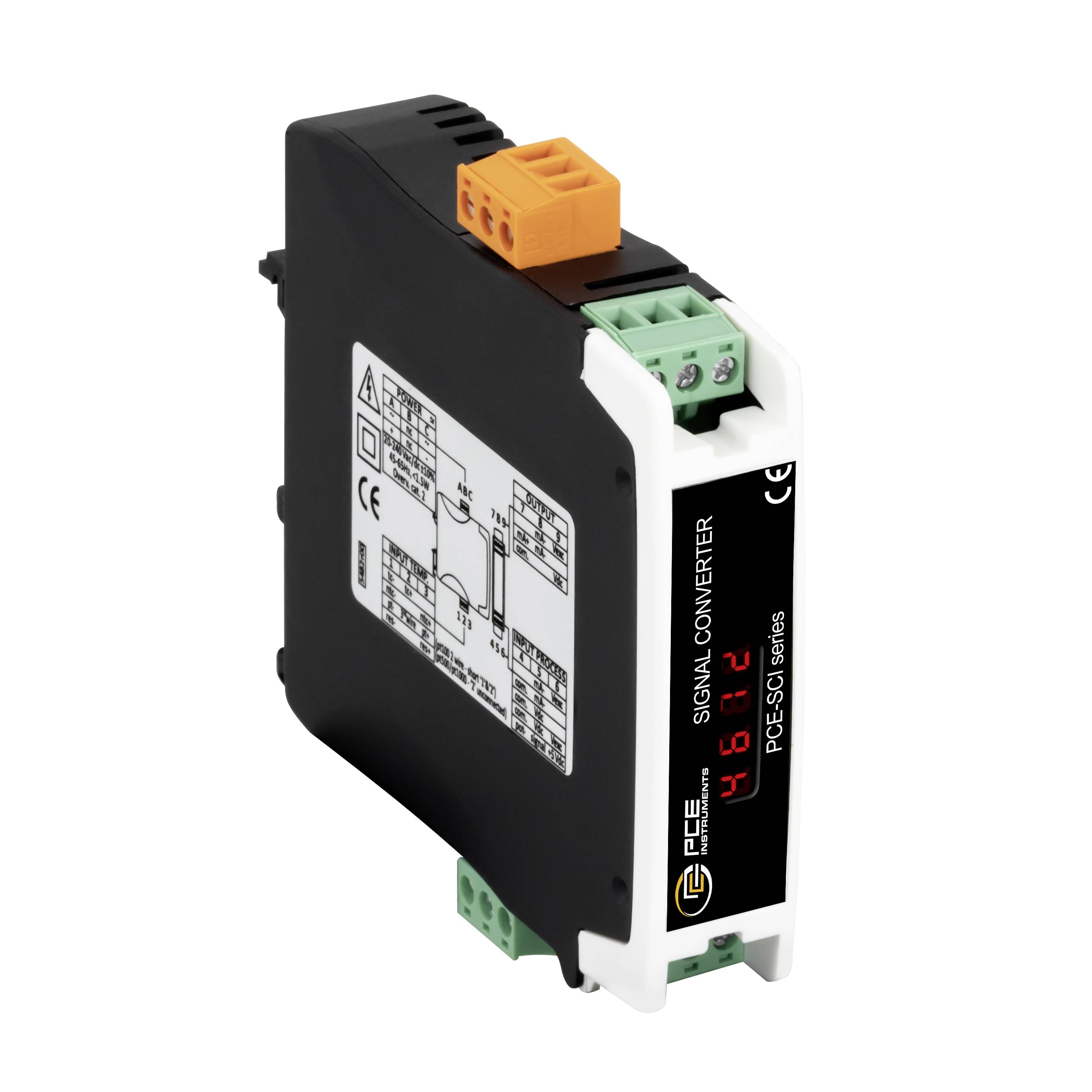 Industrielles Signalwandlermodul mit orangefarbigen und grünen Anschllussklemmen und einem digitalen Display auf einem schwarzweißen Gehäuse.