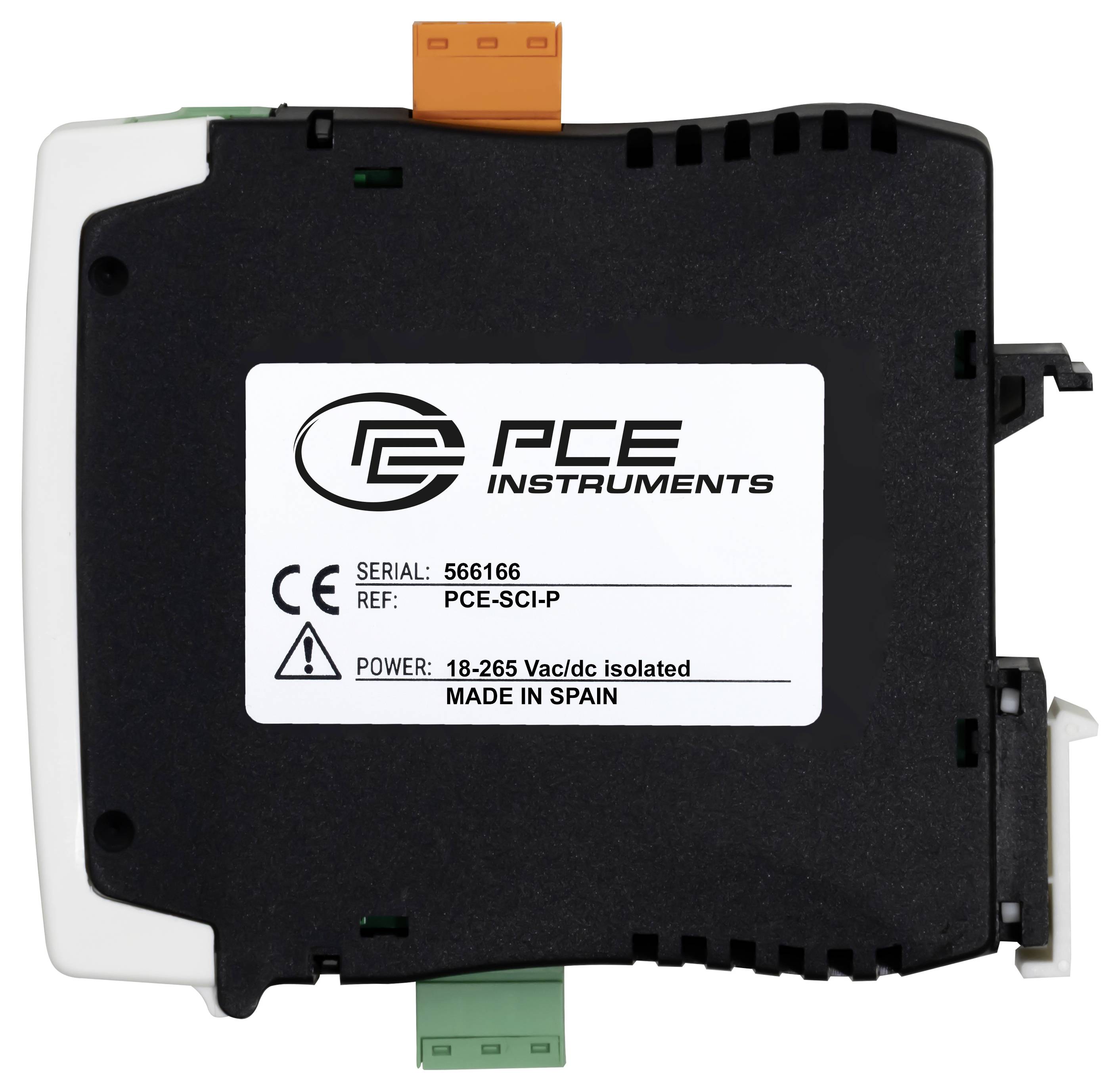 Schwarzes PCE Instruments Modul mit weißem Etikett, das die Seriennummer 566166 zeigt, ref PCE-SCI-P, Stromversorgung 18-265 Vac/dc isoliert, hergestellt in Spanien