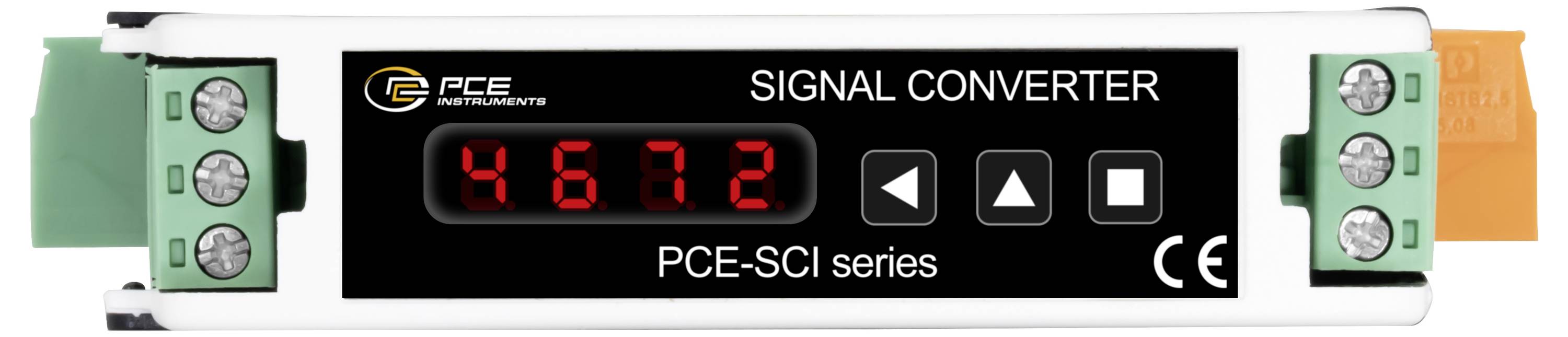 Frontansicht eines PCE-SCI-Signalwandlers mit rotem LED-Display, das 48,72 anzeigt, und drei Bedienungstasten, montiert mit grünen Anschlussblöcken an beiden Enden.