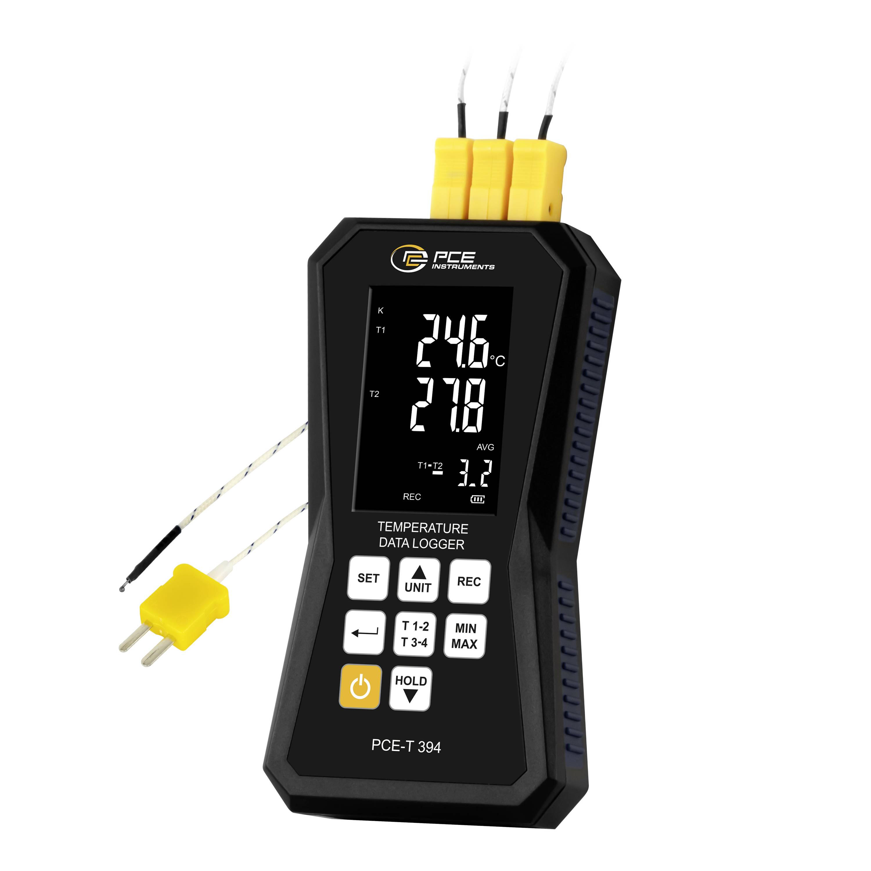 Tragbares PCE T-394 Temperatur-Datenlogger mit zwei gelben Thermoelement-Messfühlern und digitaler Anzeige mit Messwerten von 24,6°C und 27,8°C.