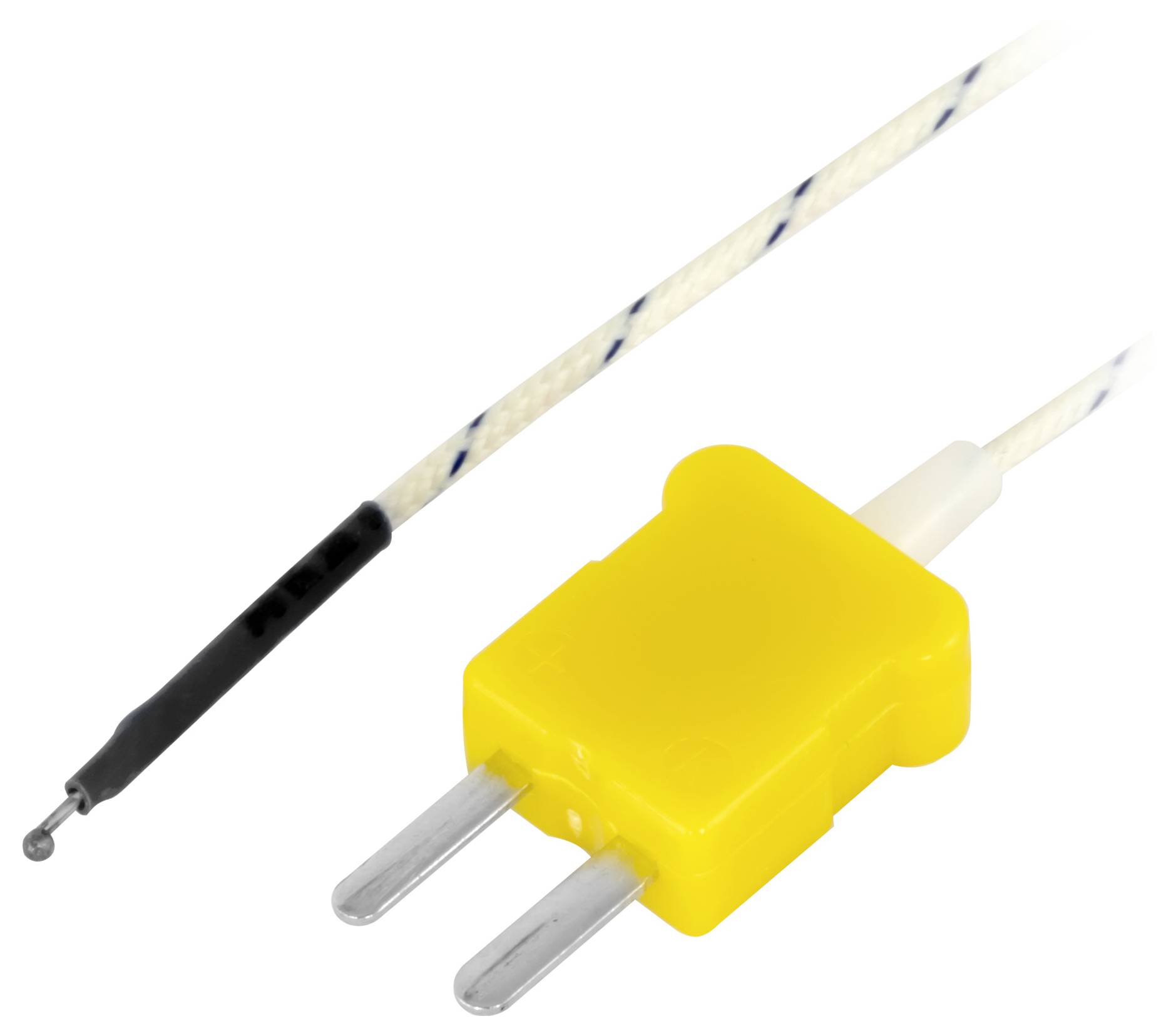 Gelber zweipoliger elektrischer Stecker mit angeschlossenem Draht, gezeigt auf weißem Hintergrund.