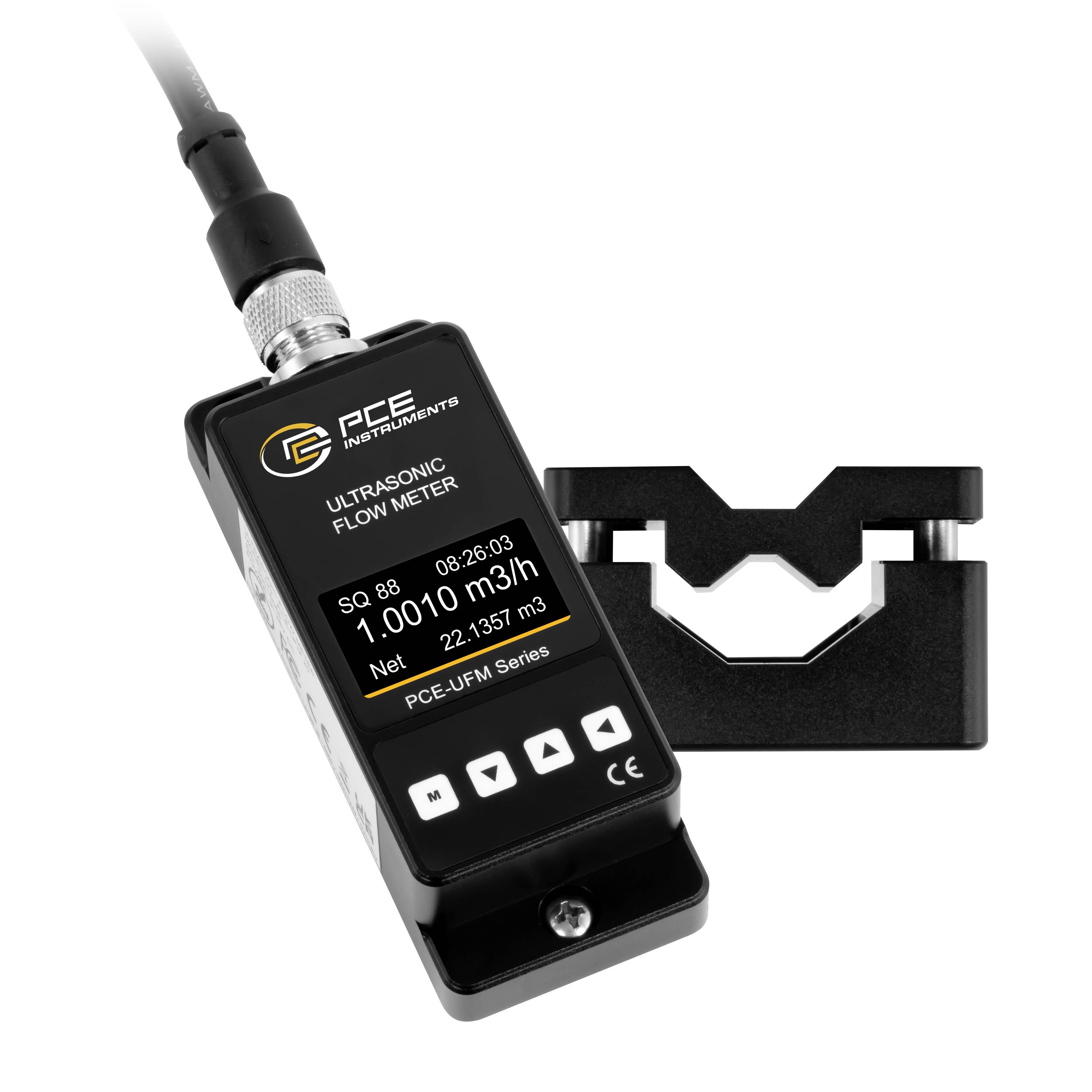 Tragbares Ultraschall-Durchflussmessgerät mit Display, das 1.0010 m3/h anzeigt, mit an einer Rohrschelle befestigtem Sensor.