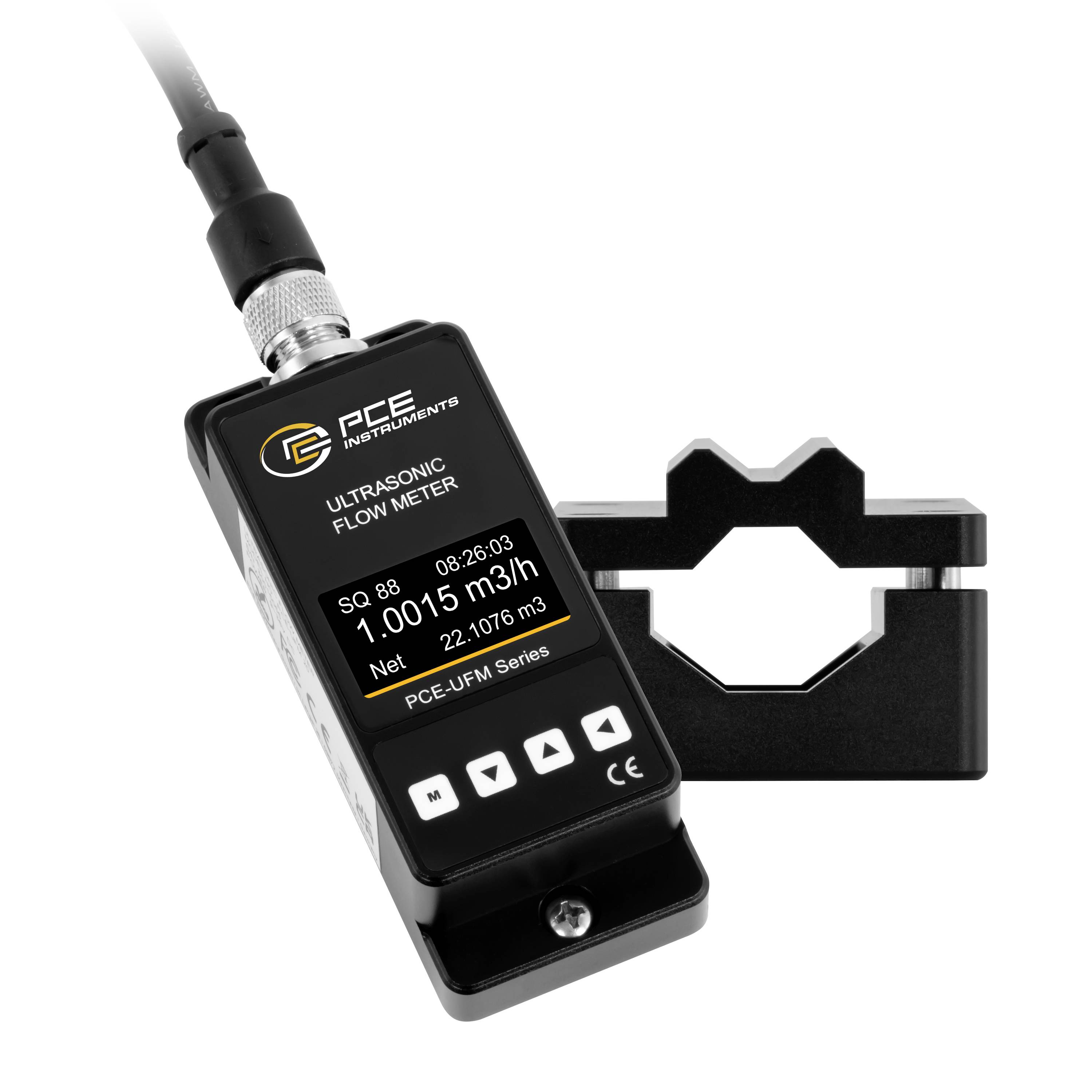 PCE Instruments Ultraschallurchlussmesser mit Klemmsensor, zeigt digitales Display zur Messung der Netto-Durchflussrate in m³/h.