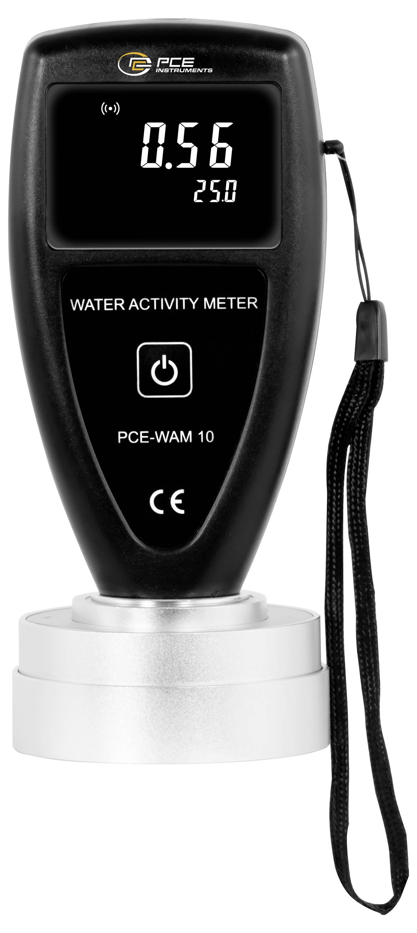 Tragbares Wassertätigkeit-Messgerät mit digitaler Anzeige von 0,56 und 25,0, mit Handgelenkband und Ständer.