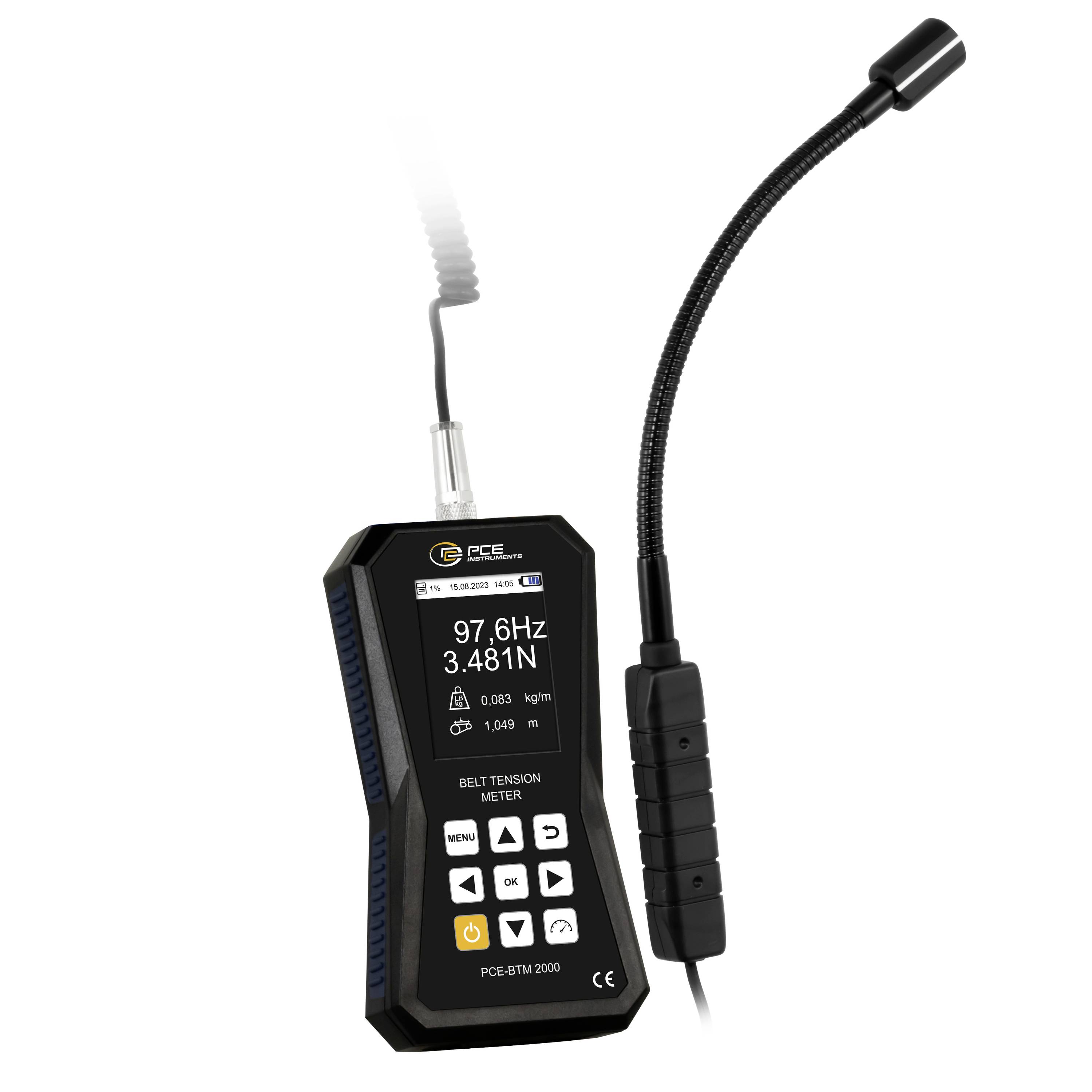 Tragbares Riemenspannungsmessgerät mit flexiblem Sensorkopf, das eine Anzeige von 97,6 Hz und 3,481 N aufweist.