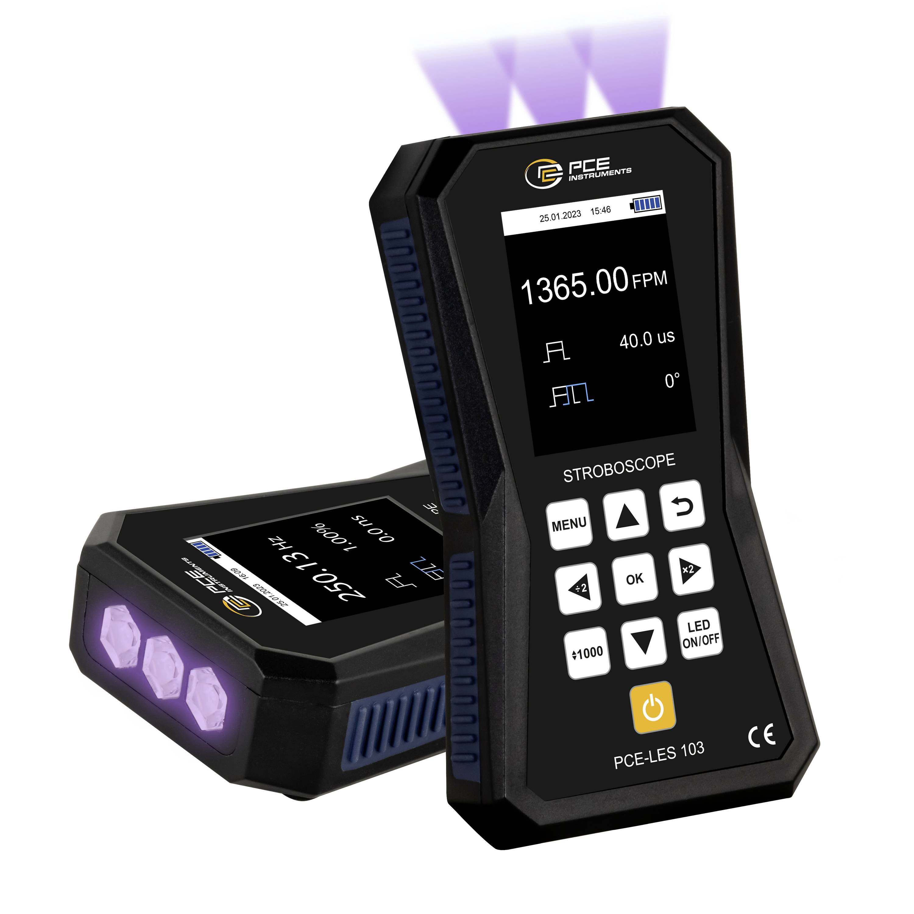Zwei tragbare digitale Stroboskope, eines aufrecht mit einer Anzeige von 1365,00 FPM und das andere liegend mit violetten Blitzlichtern, gekennzeichnet mit PCE-LES 103.