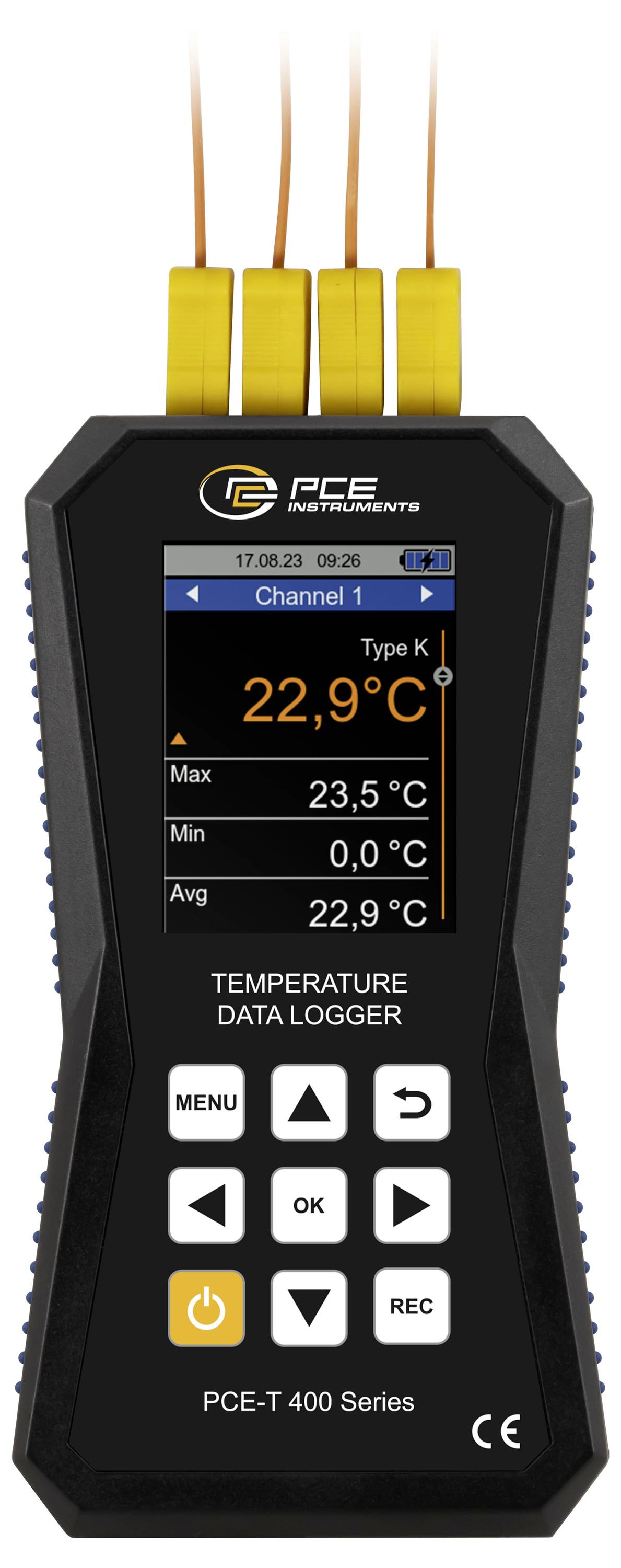 Tragbares PCE-Messinstrument Temperatur-Datenlogger-Display mit Type K Anzeige von 22,9°C, max 23,5°C, min 0,0°C und durchschnittlich 22,9°C.