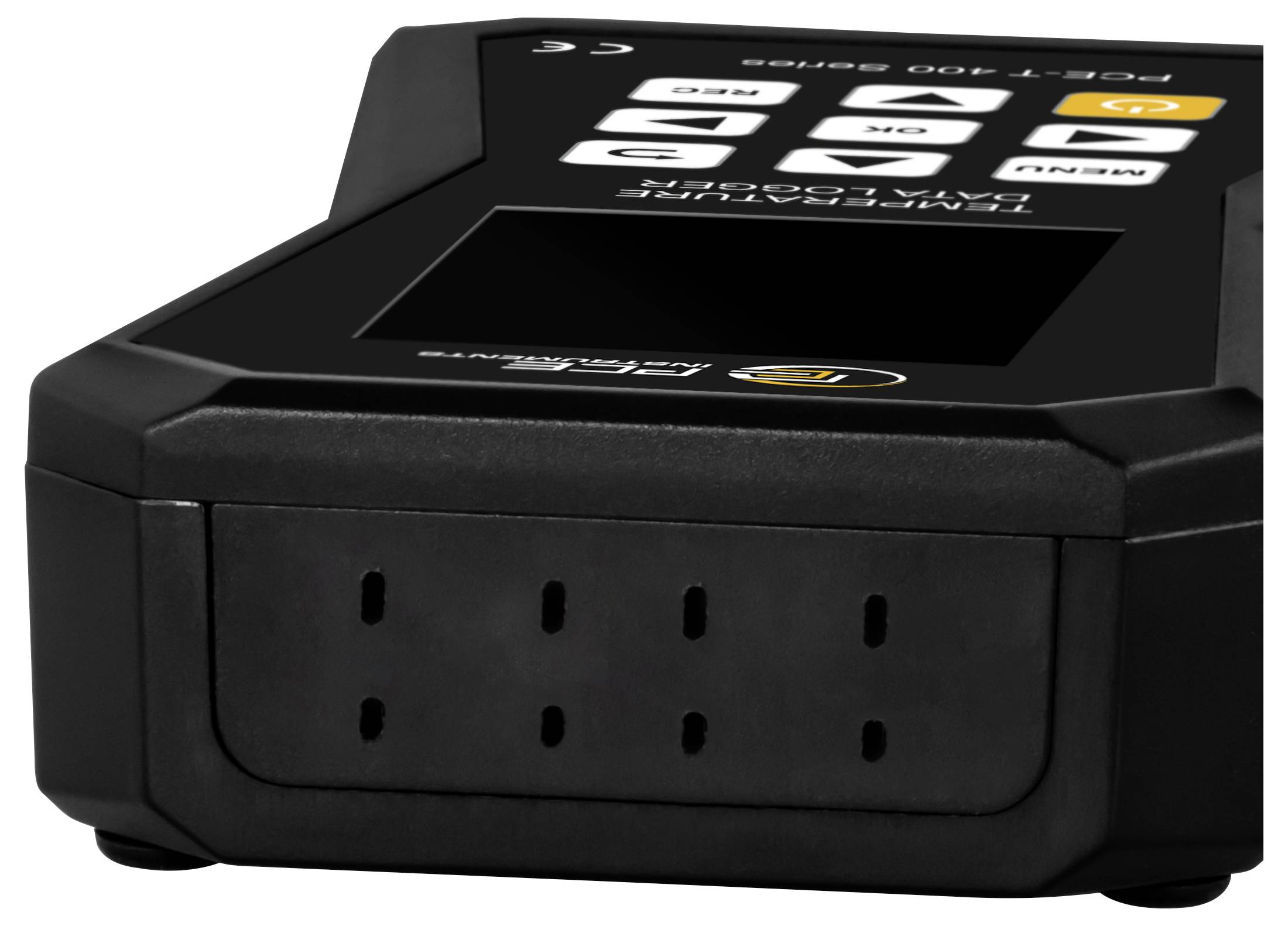 Schwarze elektronische Steuerbox mit Display, Tastaturschaltern und belüftetem Frontpanel, dargestellt in einer Produktansicht unter Winkel.