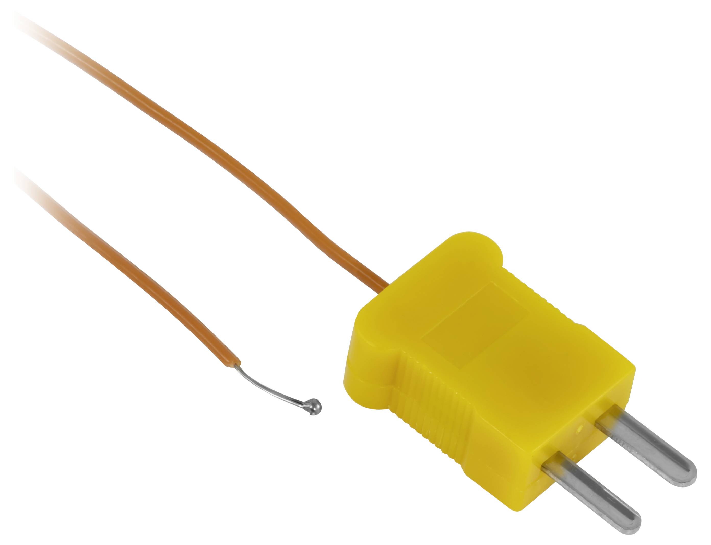 Gelber zweipoliger Elektrostecker mit zwei freigelegten orangefarbenen Drähten und einem abisolierten Drahtende auf weißem Hintergrund.