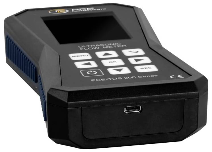 Durchflussmessgerät mit Ultraschall, Anzeige, Steuerungstasten und USB-C-Anschluss an der Vorderseite auf schwarzem Gehäuse.