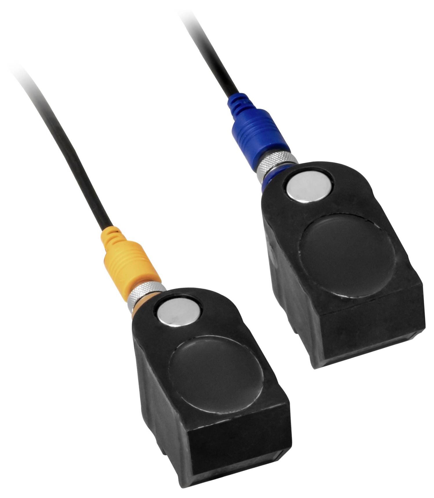 Zwei schwarze elektronische Sensoren oder Stecker mit Drahtverbindung mit farbigen Steckern, einer orange und einer blau, auf weißem Hintergrund.