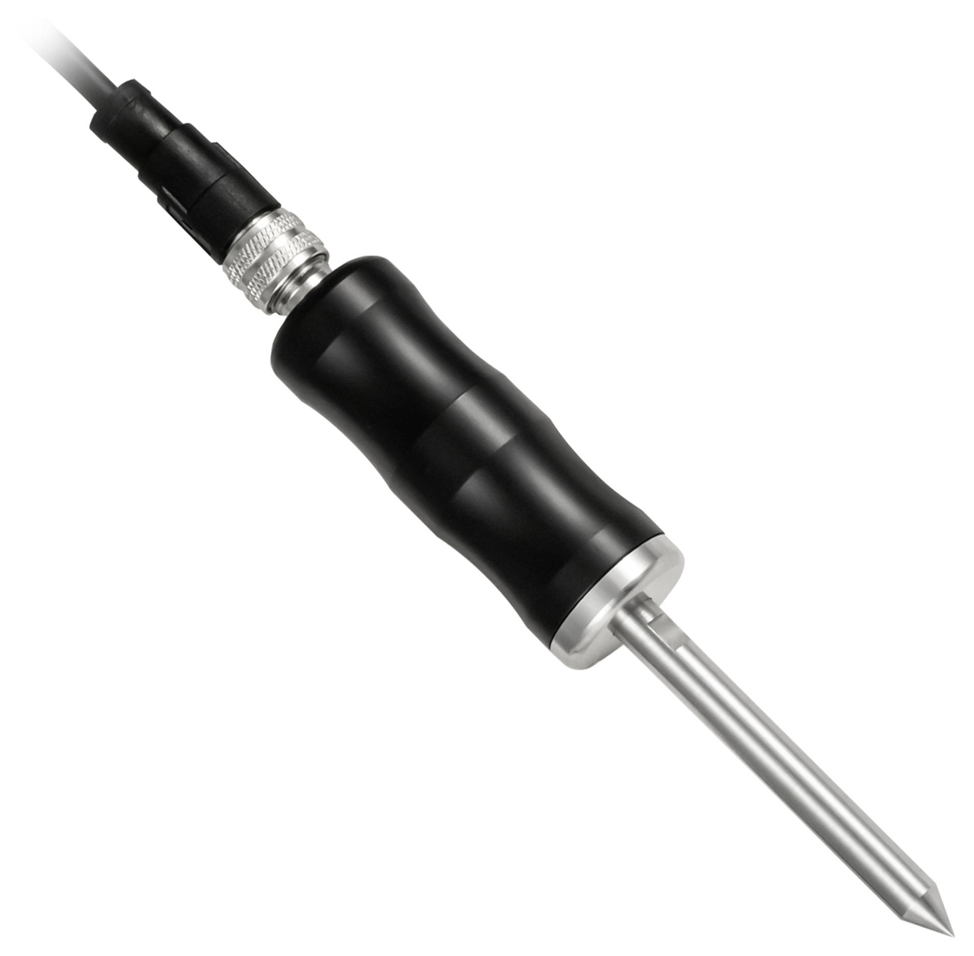Ein schwarzer tragbarer elektrischer Lötkolben mit spitzer Metallspitze und Kabel, gezeigt auf einem einfachen weißen Hintergrund.