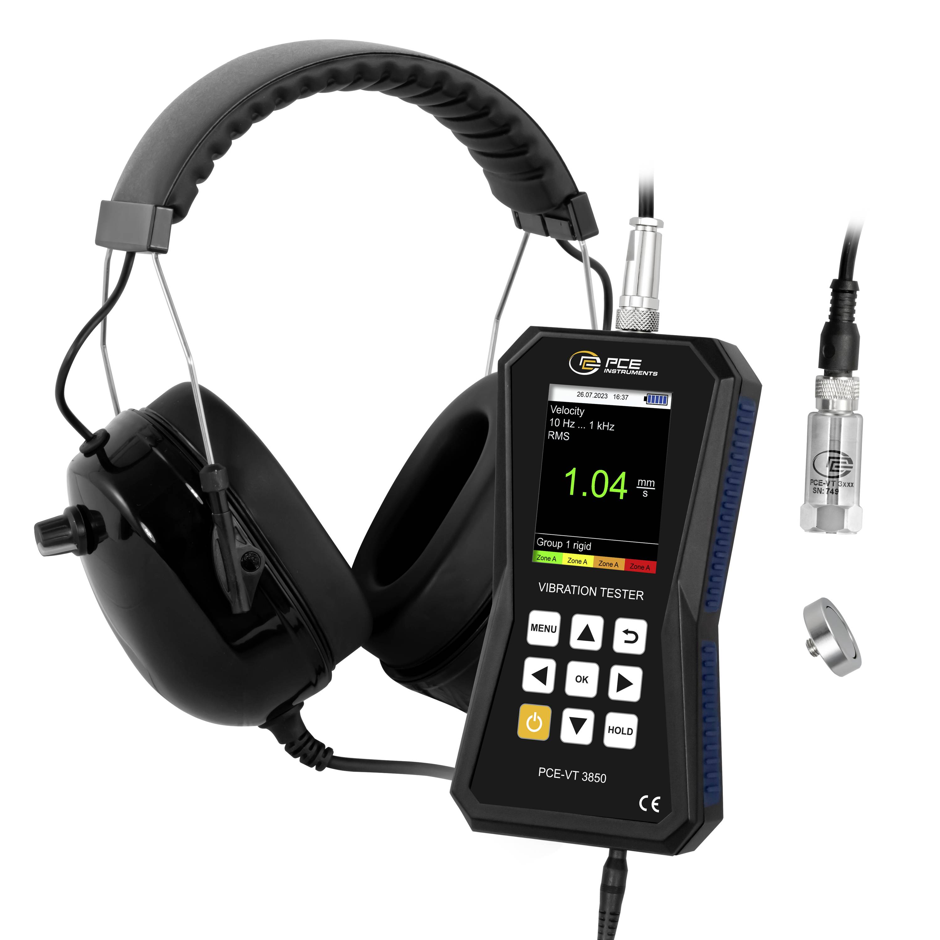 Vibrationsprüfer mit Over-Ear-Kopfhörern und digitaler Anzeige mit 1,04 mm/s, plus zwei Sensorsonden und Montageringzubehör.