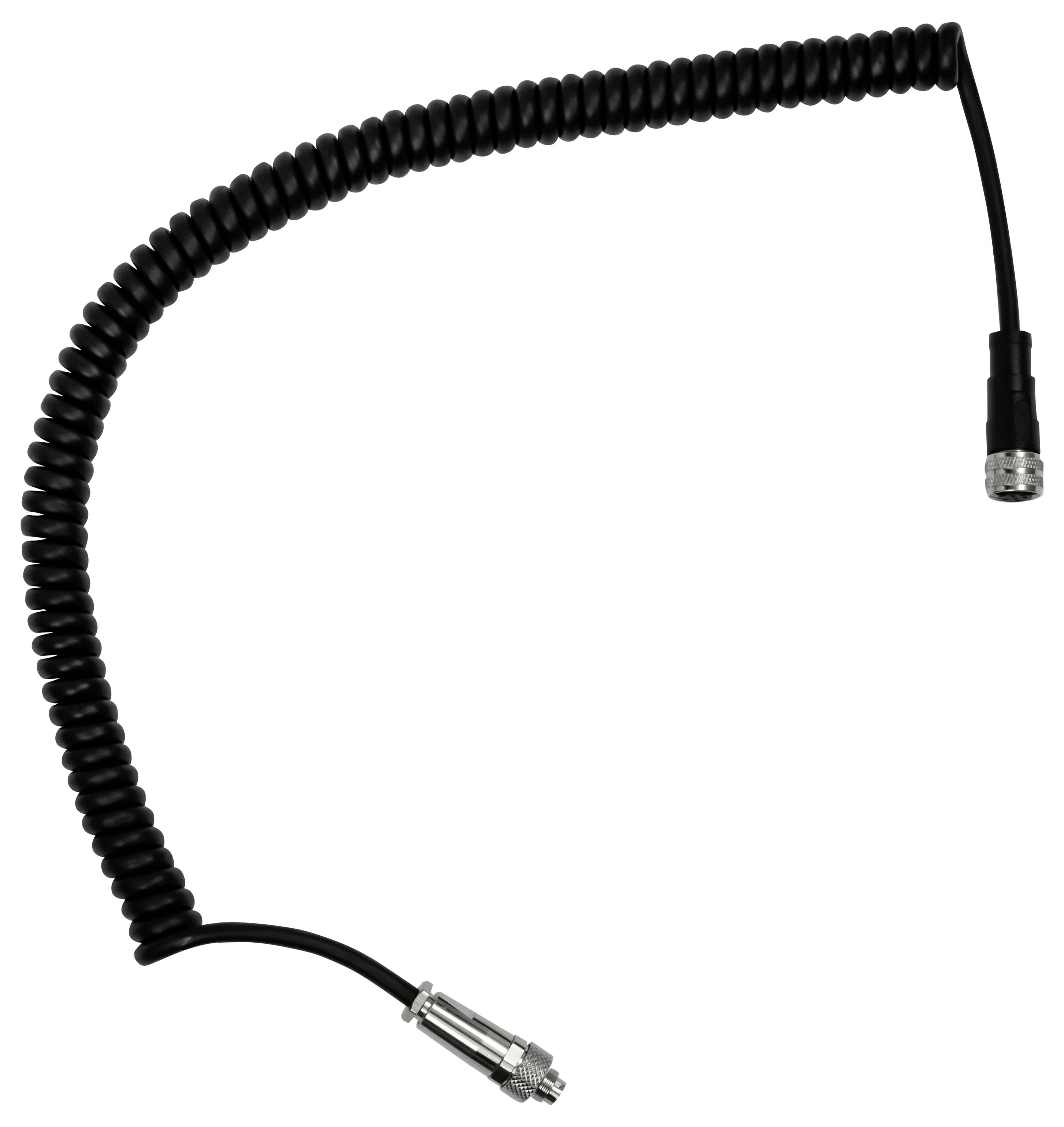 Aufgerolltes schwarzes Kabel mit Metallverbindern, isoliert auf weißem Hintergrund dargestellt.