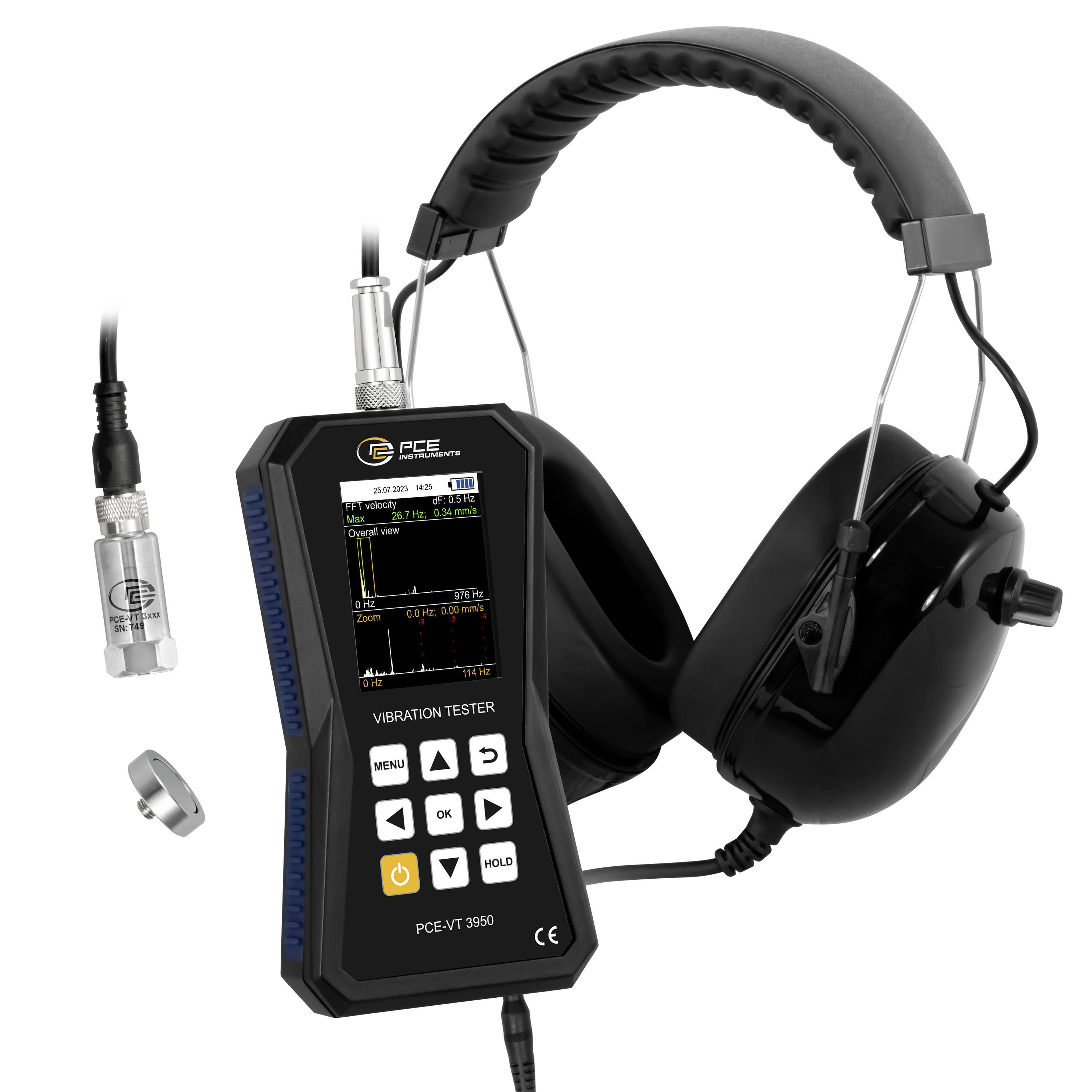Tragbarer Vibrationsprüfer mit Display, Sonde und Kopfhörern im Ohrmuschel-Stil zur Messung von Maschinenvibrationen.