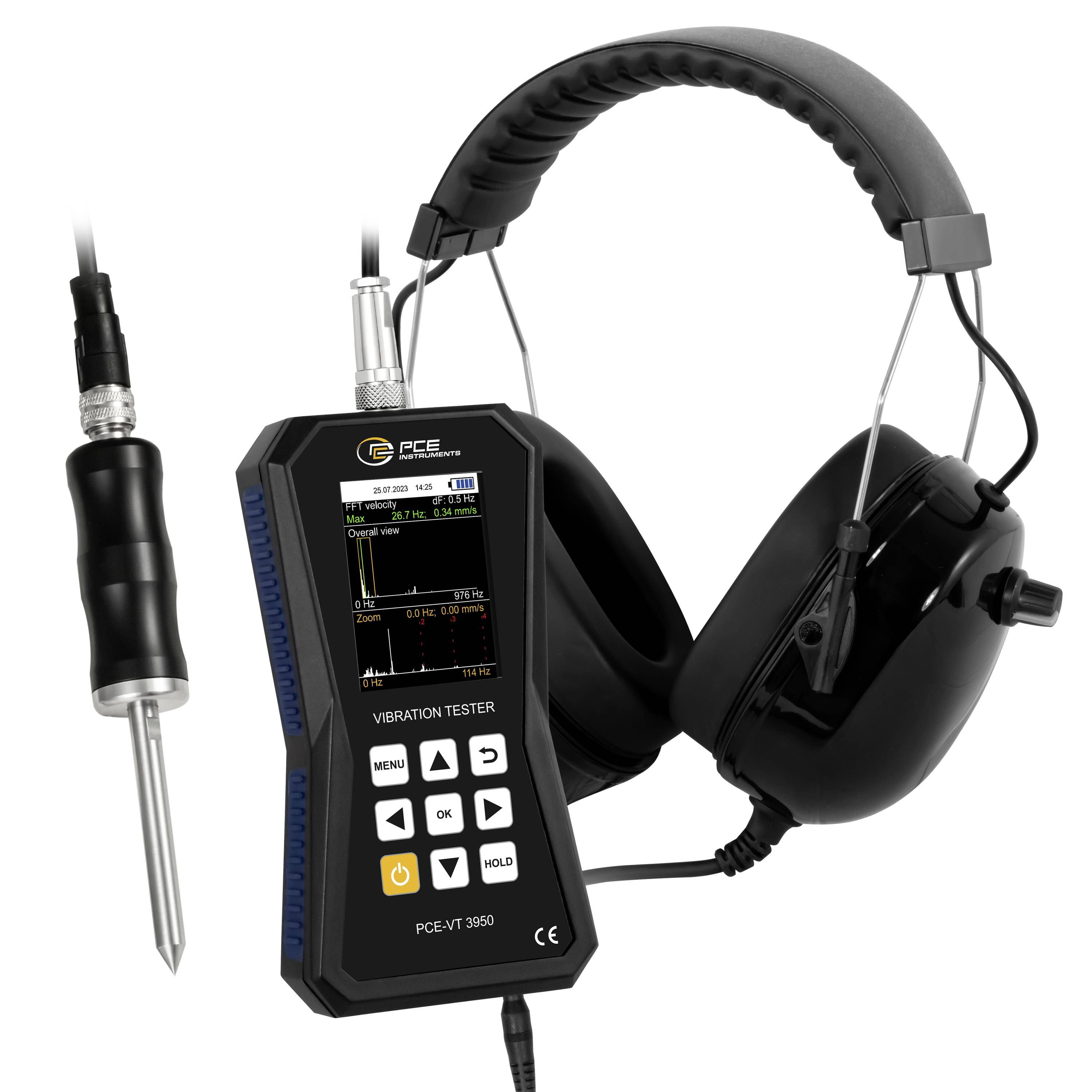 Tragbarer Vibrationsprüfer mit Sonde und Over-Ear-Kopfhörern zur Messung von Maschinenvibration und Geräuschpegeln.