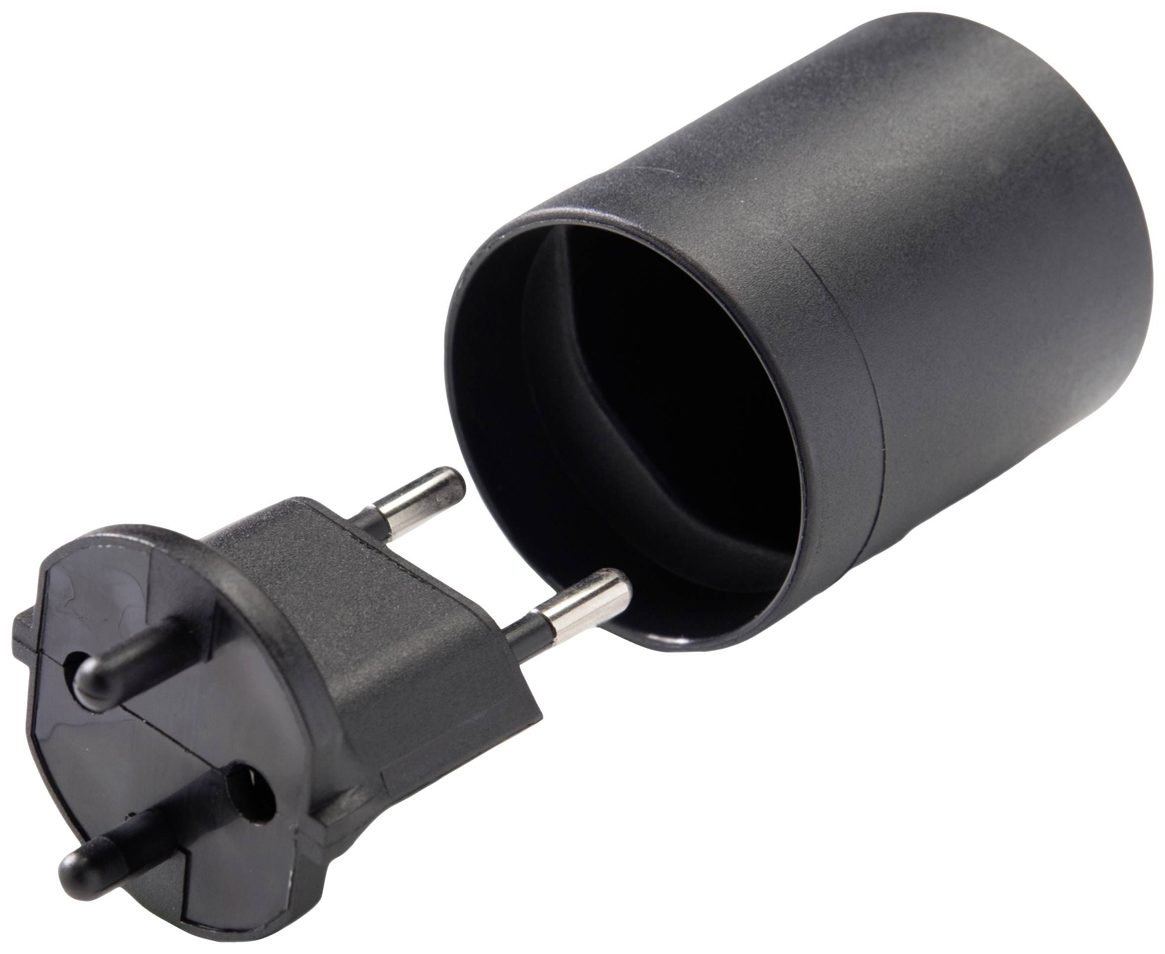 Ein schwarzer Adapterstecker für deutsche Steckdosen, bestehend aus einem männlichen Schuko-Stecker und einer weiblichen Buchse.