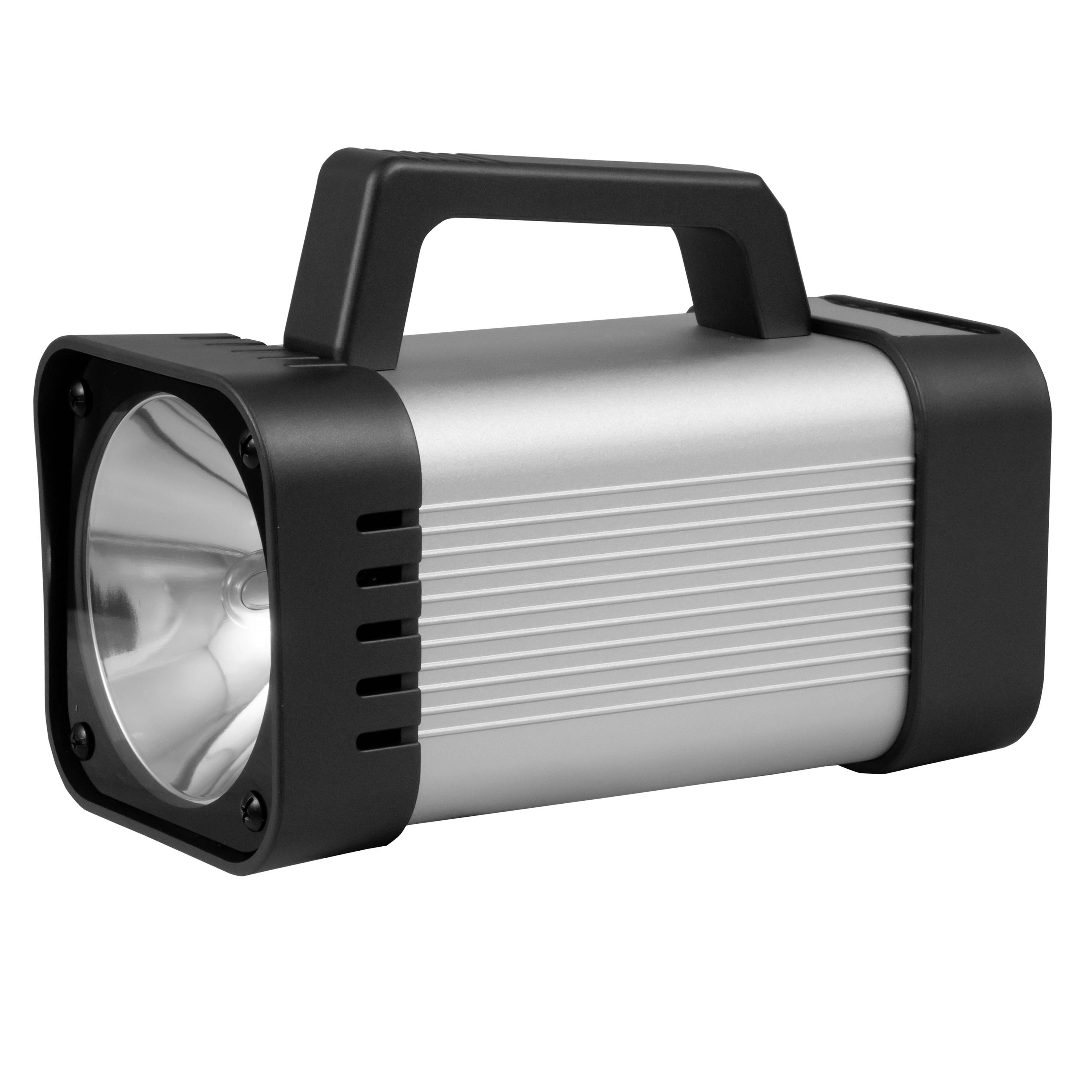Schwarze und silberne tragbare Taschenlampe mit integriertem Tragegriff, abgebildet auf weißem Hintergrund.