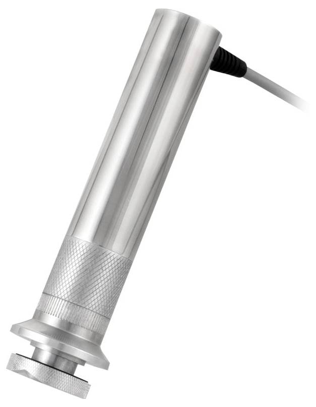 Ein zylindrischer Metallsensor mit geripptem Griff und Kabelanschluss, der für industrielle Anwendungen oder Messungen verwendet wird.