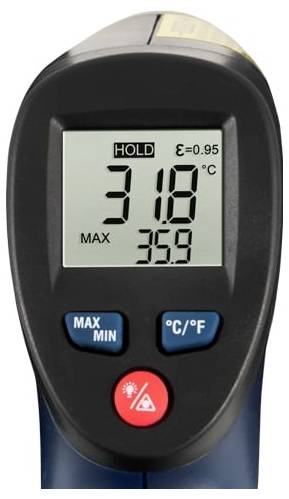 Tragbares Infrarotthermometer mit Anzeige von 31,8°C auf dem Display, mit HOLD, ε=0,95 und MAX 35,9 Messwerten sichtbar.