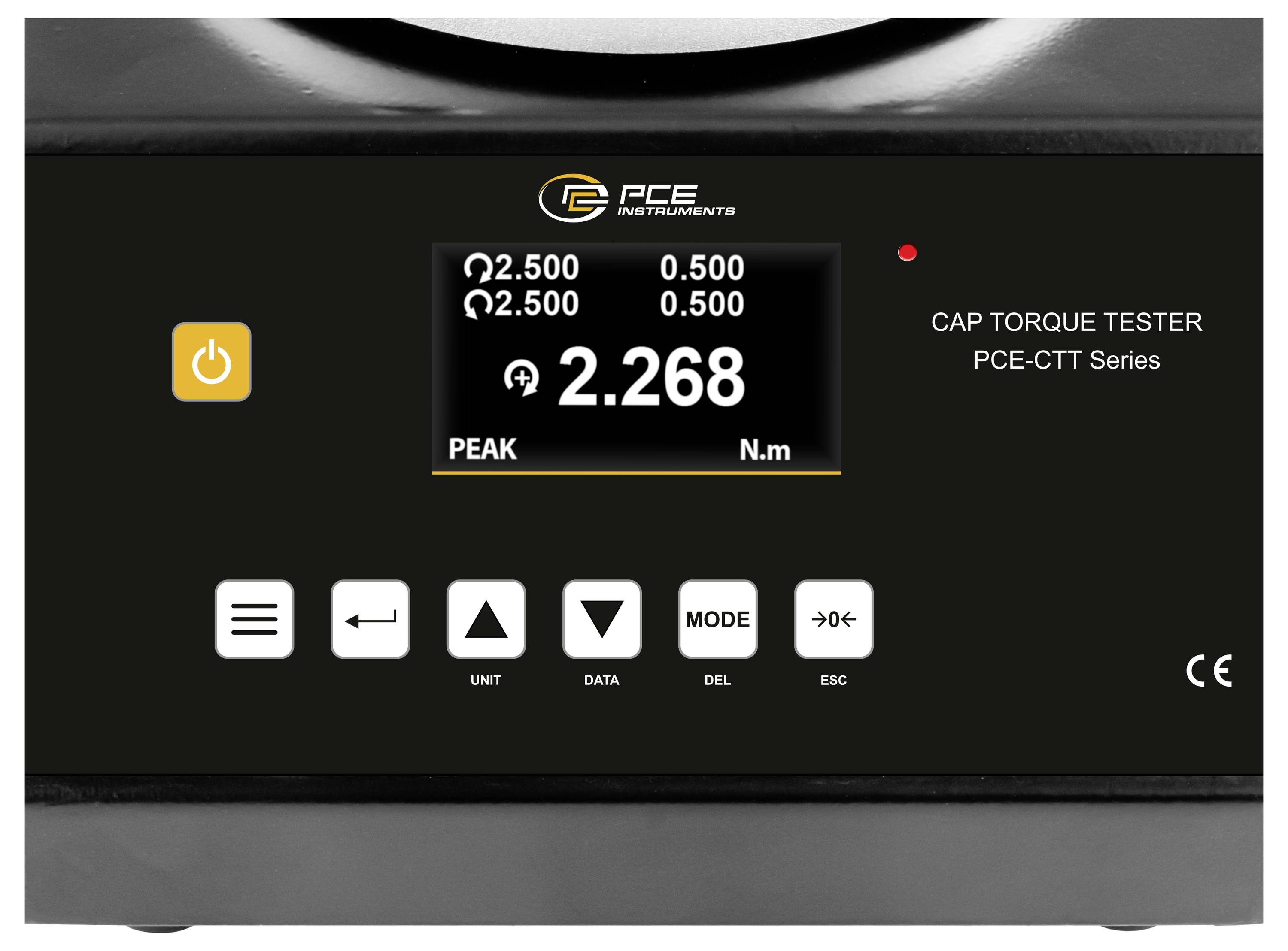 Frontplatte eines PCE-Drehmoment-Testkopfes mit einem digitalen Display, das einen Wert von 2,268 N·m anzeigt, mit Ein-/Aus-Taste und Modusschalter unter dem Display.