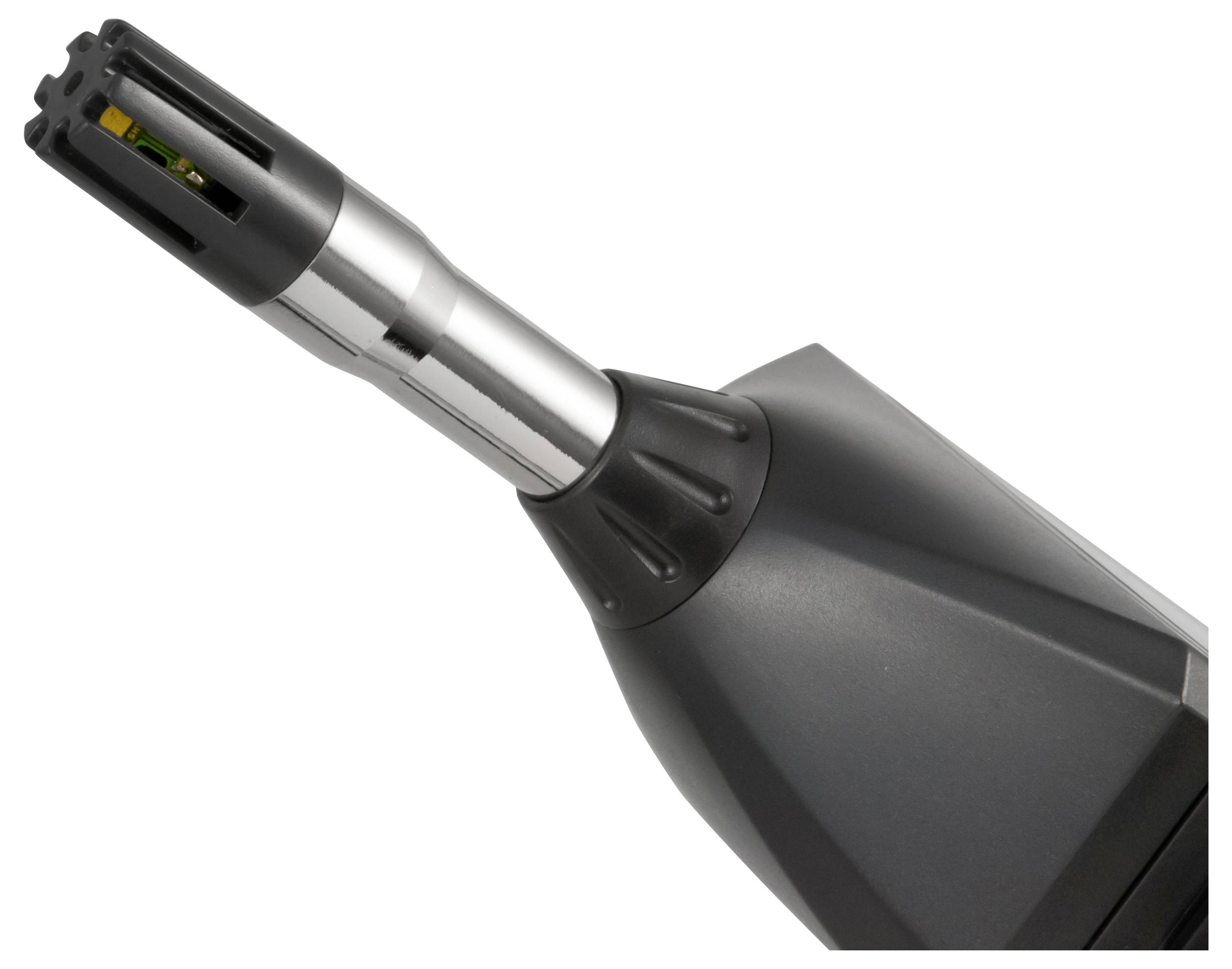 Nahaufnahme eines elektrischen Trimmers oder Rasierapparats mit schwarzsilbernem Griff auf weißem Hintergrund.