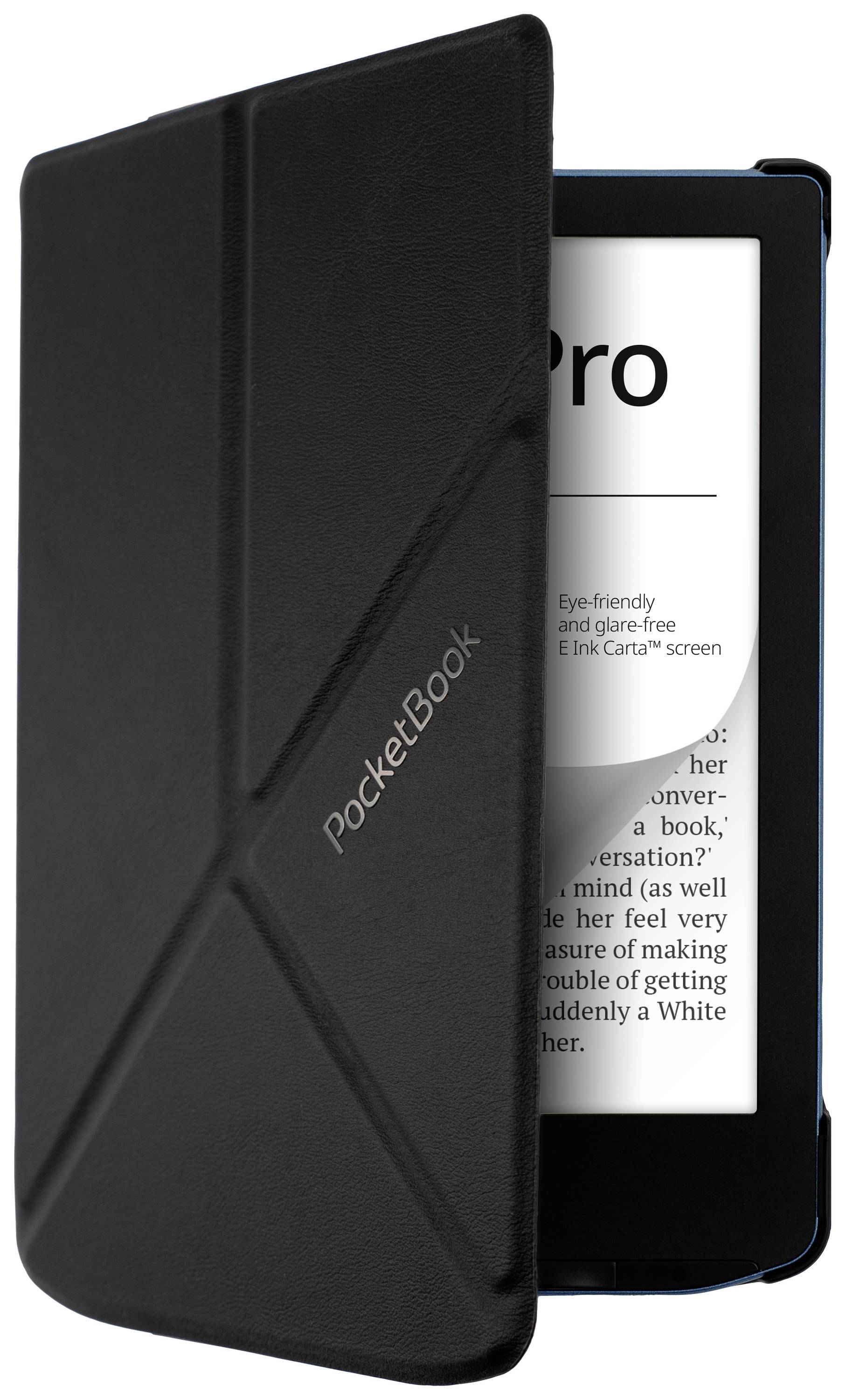 Ein schwarzer E-Reader mit teilweise geöffneter Hülle zeigt einen Text auf dem Bildschirm mit einem Fokus auf ein Auge-freundliches Display.