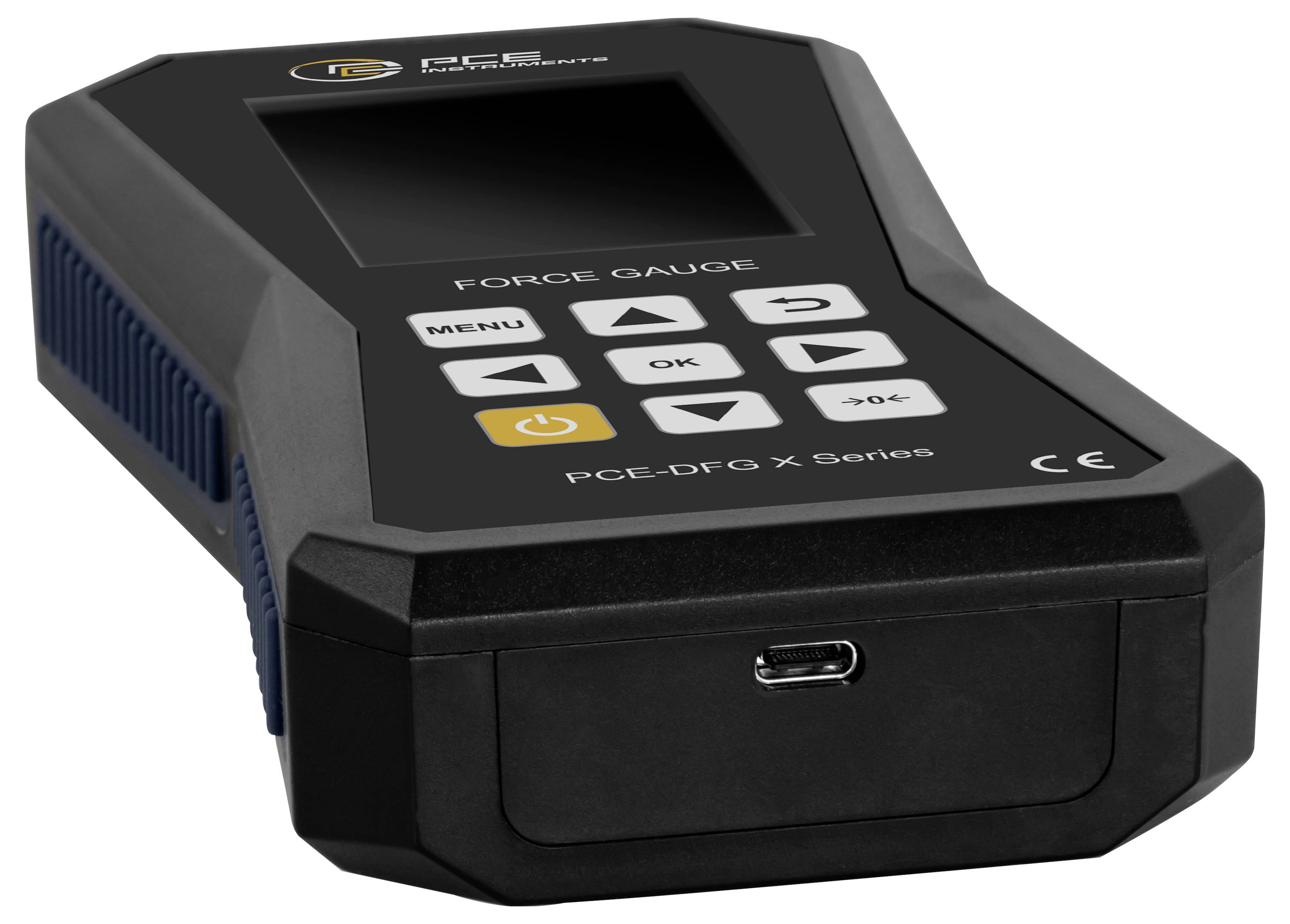 Digitales Kraftmessgerät mit Bildschirm und Steuertasten, mit vorderem USB-C-Anschluss und beschriftet mit „FORCE GAUGE