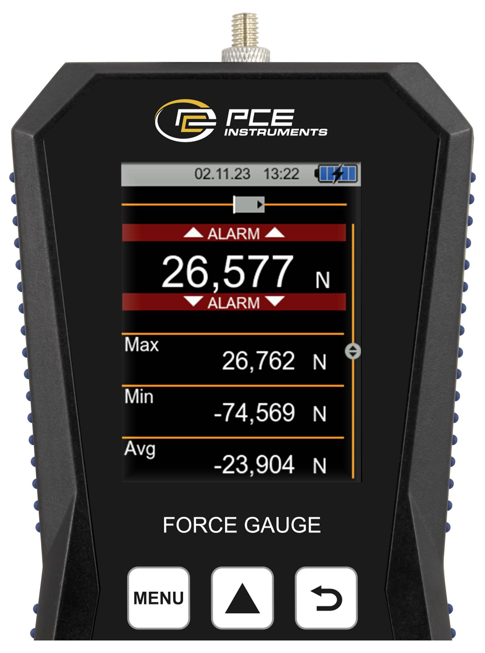 FCE Instruments Kraftmessgerät-Anzeige mit Alarm und aktueller Kraftablesung von 26,577 N, mit max 26,762 N, min -74,569 N und Durchschnitt -23,904 N.