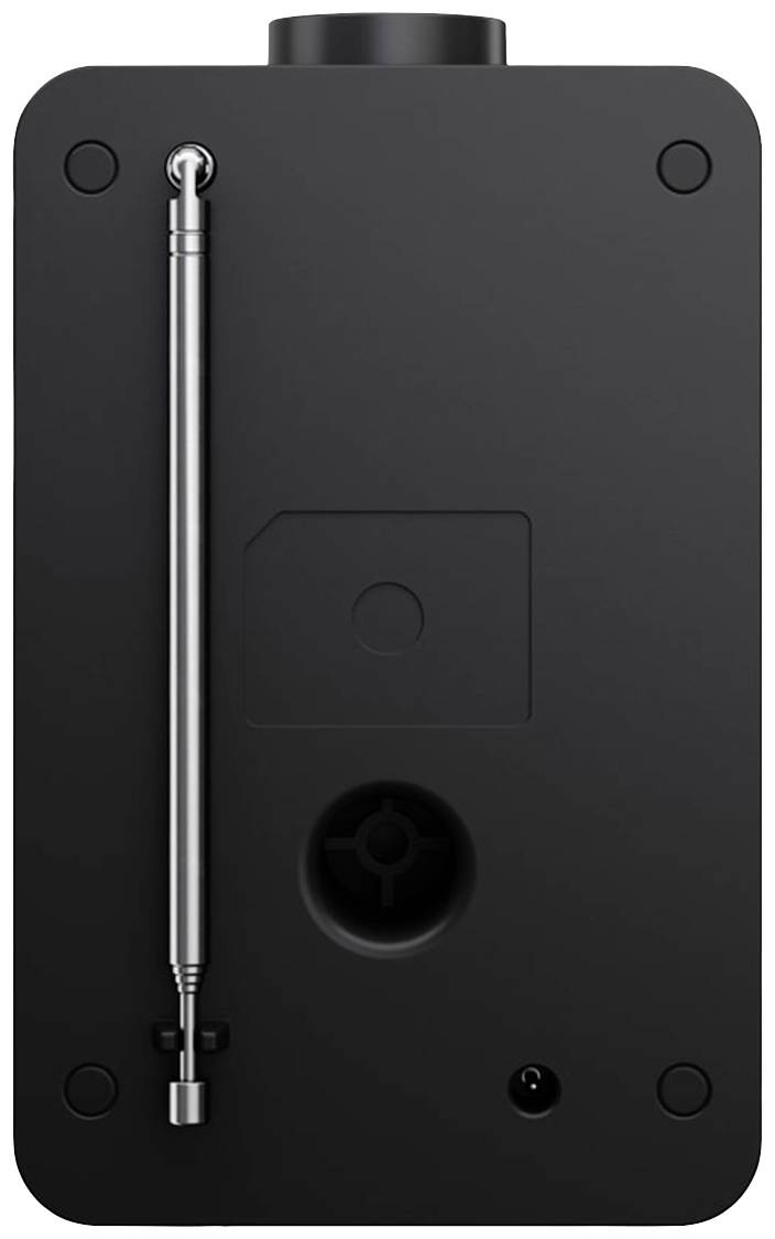 Ein schwarzes Gerät mit Antenne und Anschlussbuchsen auf der Rückseite, möglicherweise ein Radio oder eine Kommunikationsvorrichtung.