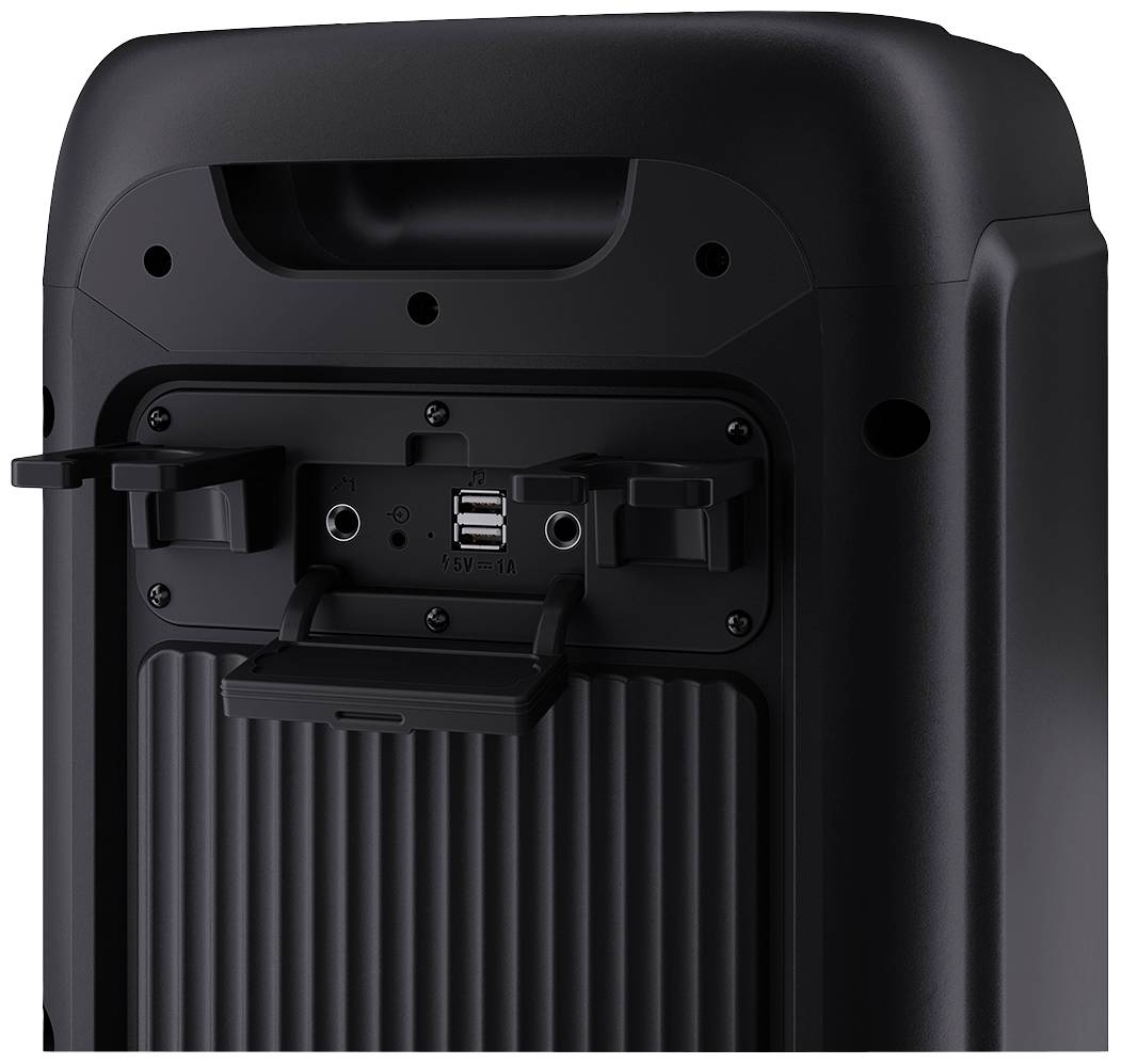 Rückansicht eines schwarzen Lautsprechers mit Anschlüssen und Bedienelementen. Zwei USB-Anschlüsse und ein AUX-Eingang sind sichtbar.