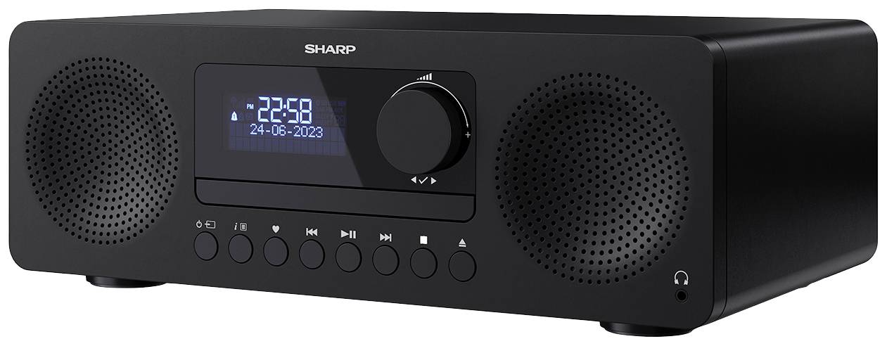 Ein kompaktes, schwarzes Radio mit Digitalanzeige zeigt die Uhrzeit '22:59' und das Datum '24-06-2023'. Tasten für Mediensteuerung befinden sich darunter.