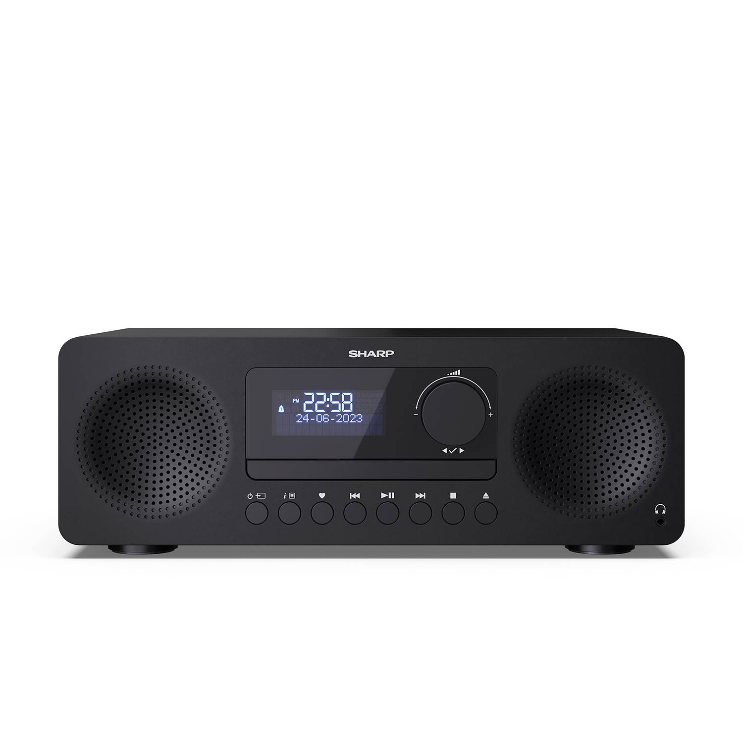 Ein schwarzes Radio mit Digitalanzeige zeigt die Uhrzeit '22:58' und das Datum '24-06-2023'. Links und rechts befinden sich Lautsprecher.