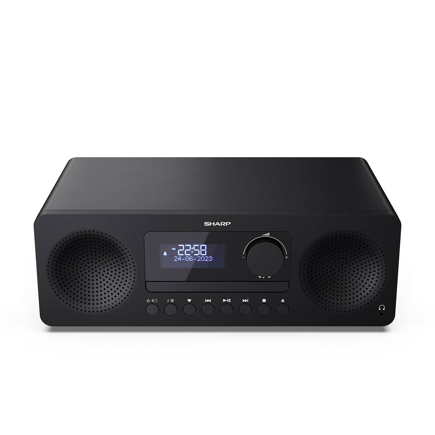 Ein schwarzes Digitalradio mit Lautsprechern links und rechts. Auf dem Display wird die Uhrzeit '22:58' und das Datum '20-09-2023' angezeigt.