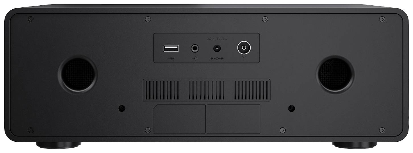 Schwarzer Lautsprecher von hinten mit USB-Anschluss, Audio-Eingang und Stromanschluss in der Mitte; Lüftungsschlitze darunter.