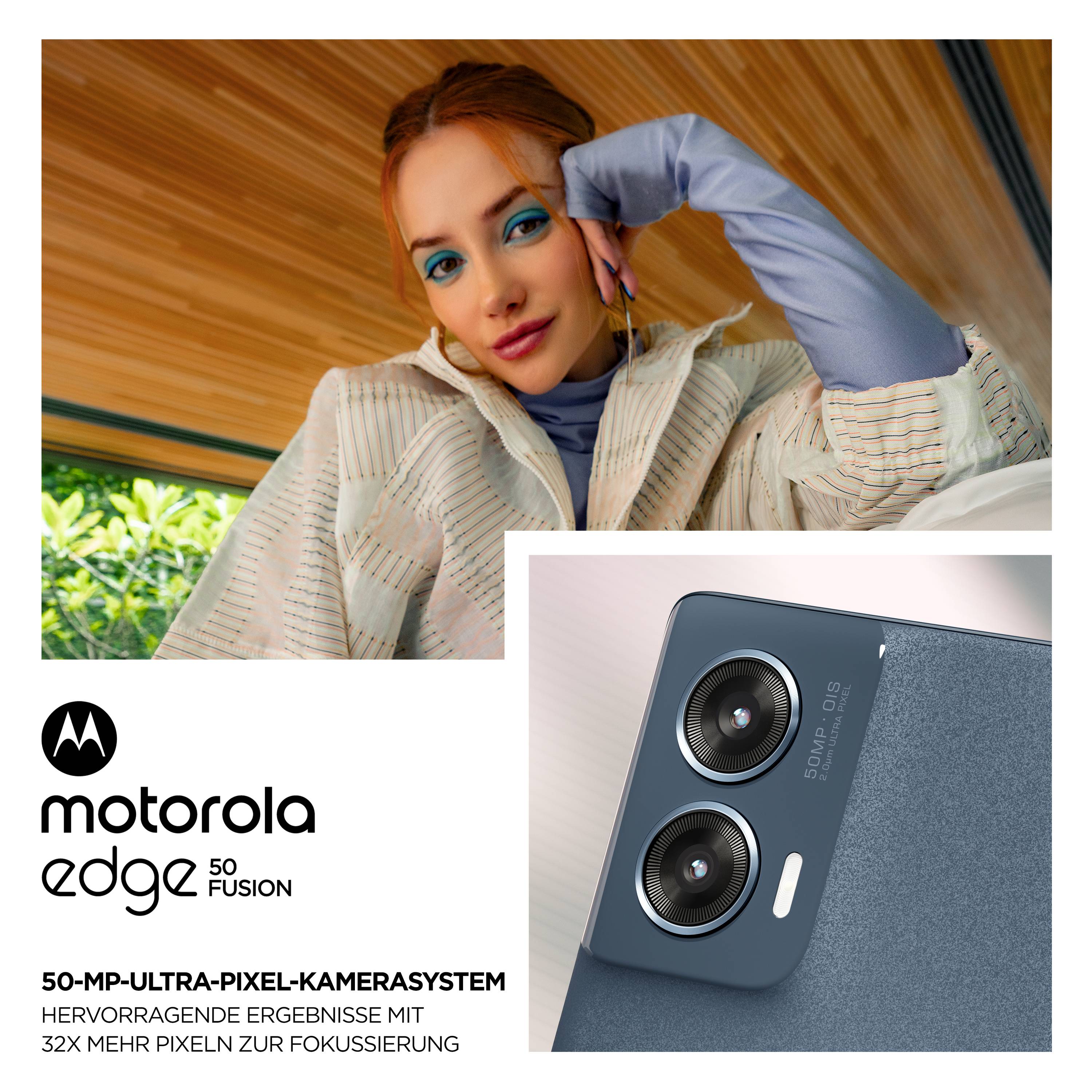 'Frau mit blauem Oberteil lehnt sich nachdenklich. Daneben Smartphone mit 50-MP-Kamera. Text: 