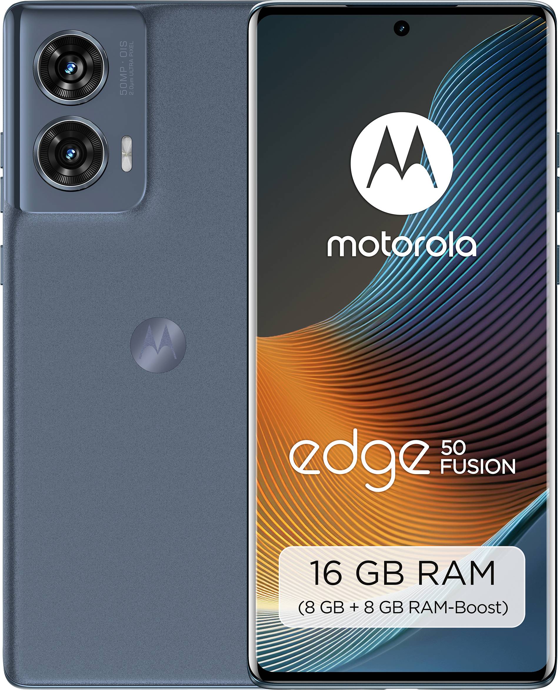 Motorola Edge 50 Fusion Smartphone mit 16 GB RAM von vorne und hinten gezeigt. Das vordere Display zeigt ein abstraktes Design.