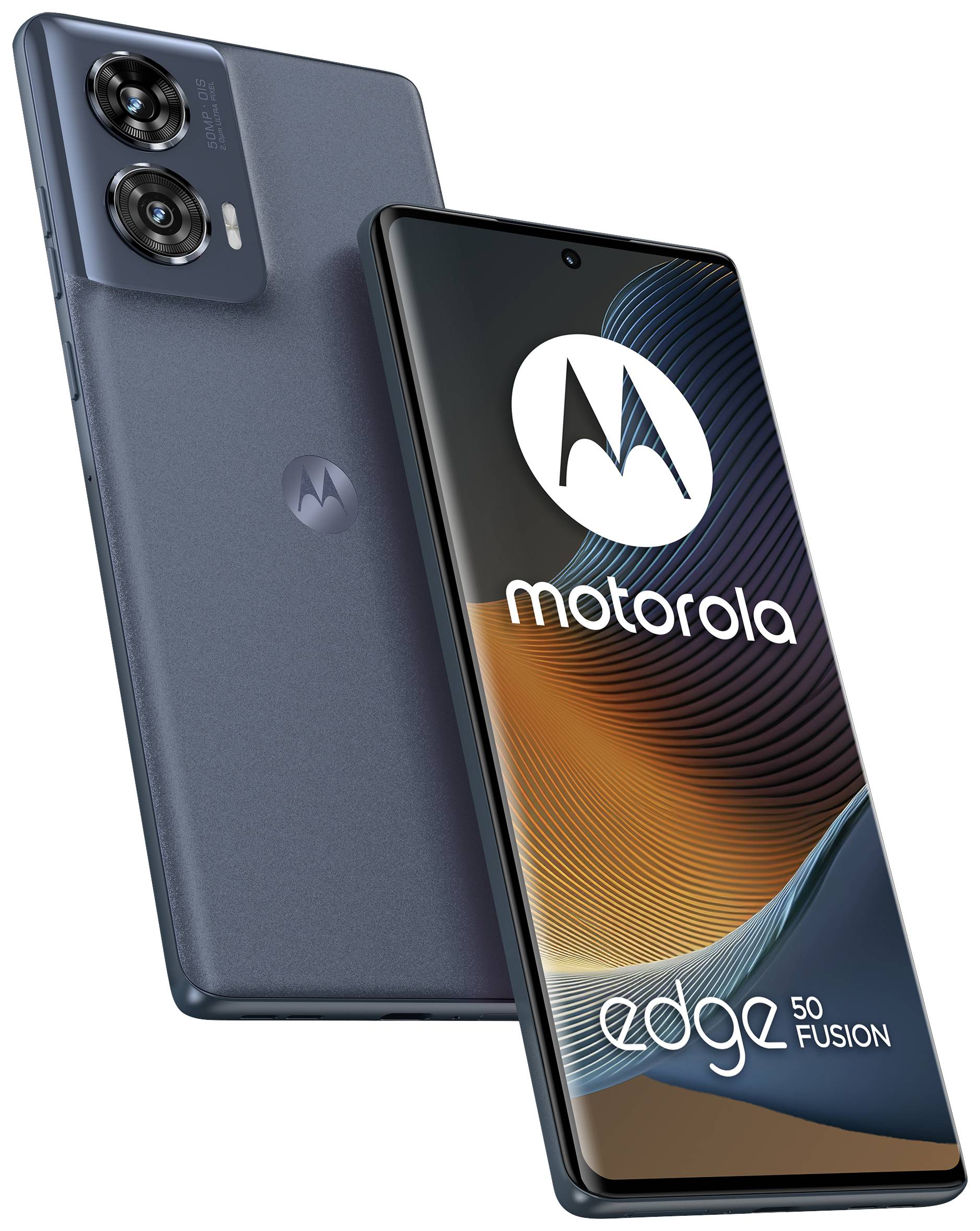 Zwei Motorola Edge 50 Fusion Smartphones, eines zeigt die Rückseite mit Kameras, das andere den Bildschirm mit Logo und Modellname.