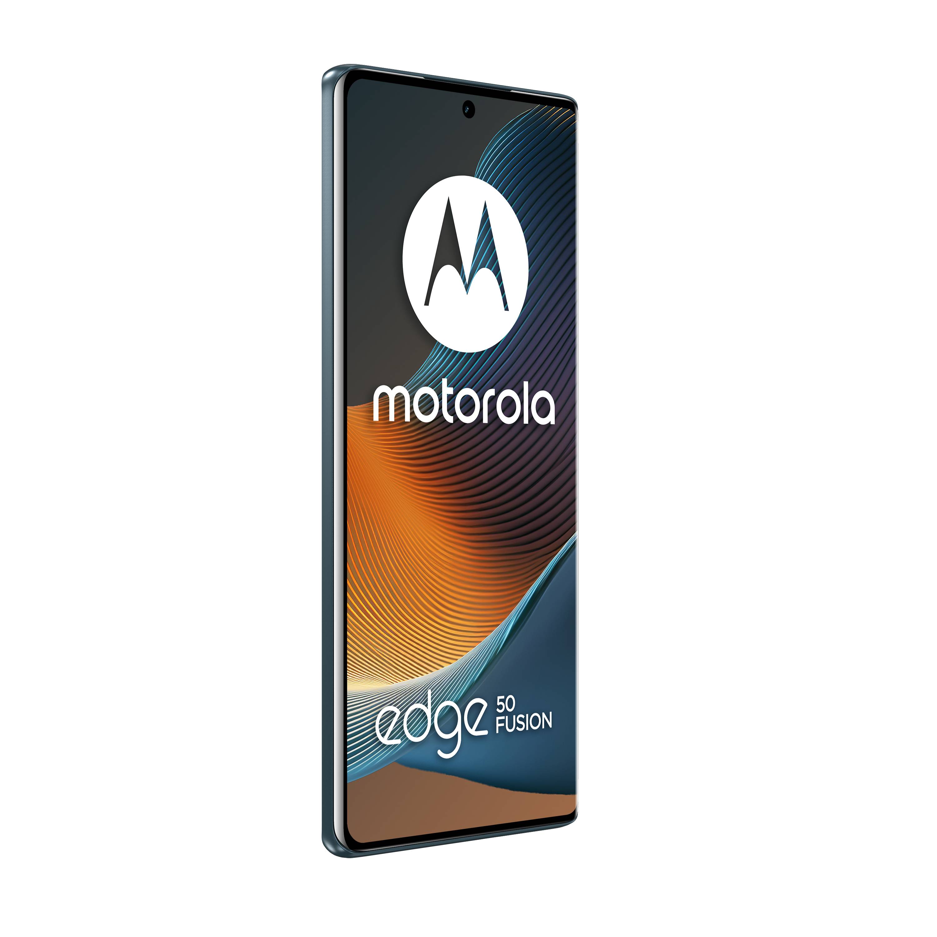 Das Bild zeigt ein Motorola Edge 50 Fusion Smartphone in Schwarz. Es hat ein großes Display und ein elegantes, schlankes Design.