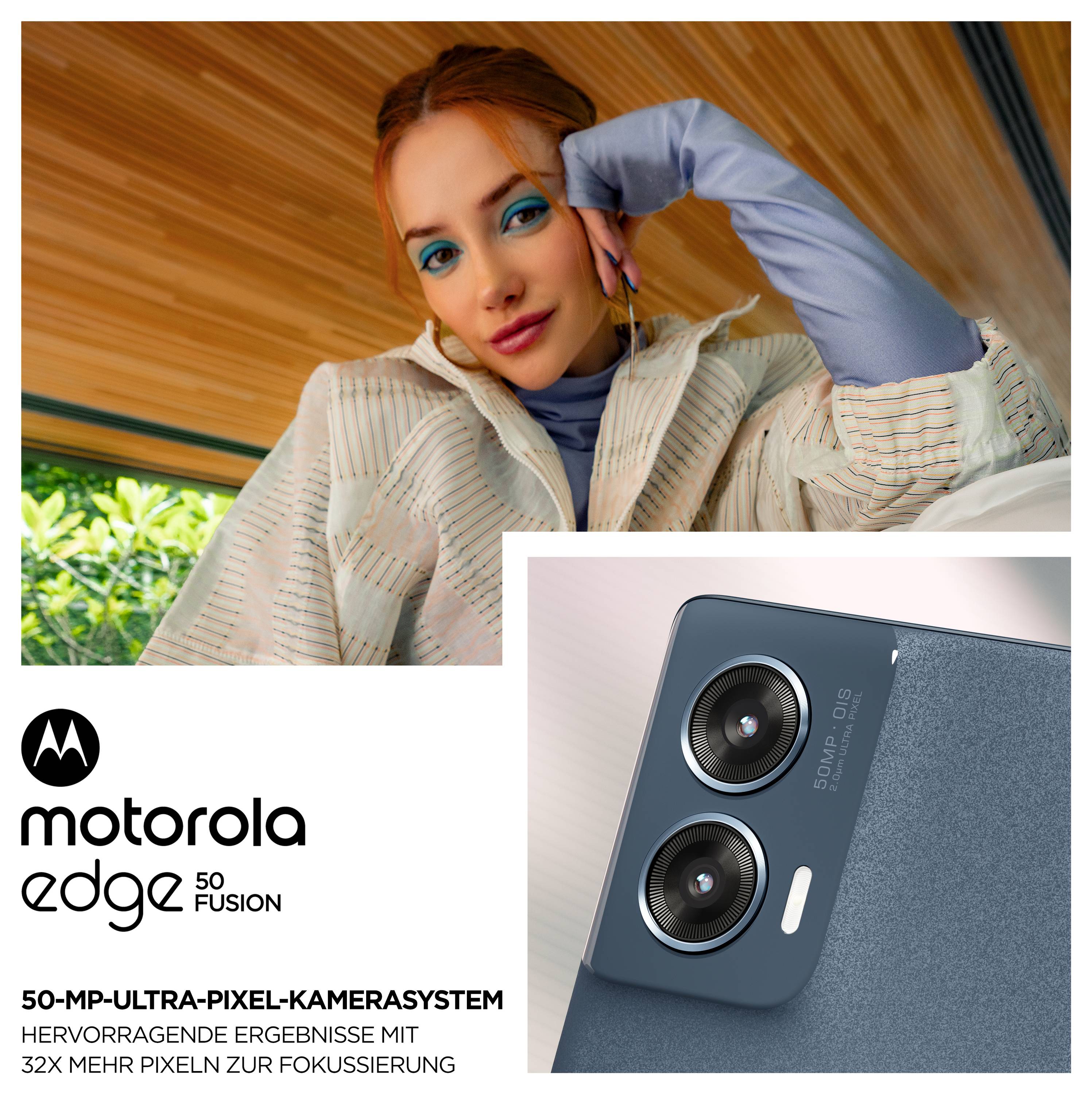 'Motorola Edge 50 Fusion', Frau lehnt sich gegen ihre Hand, nahaufnahme von Handy mit Doppelkamera dargestellt.