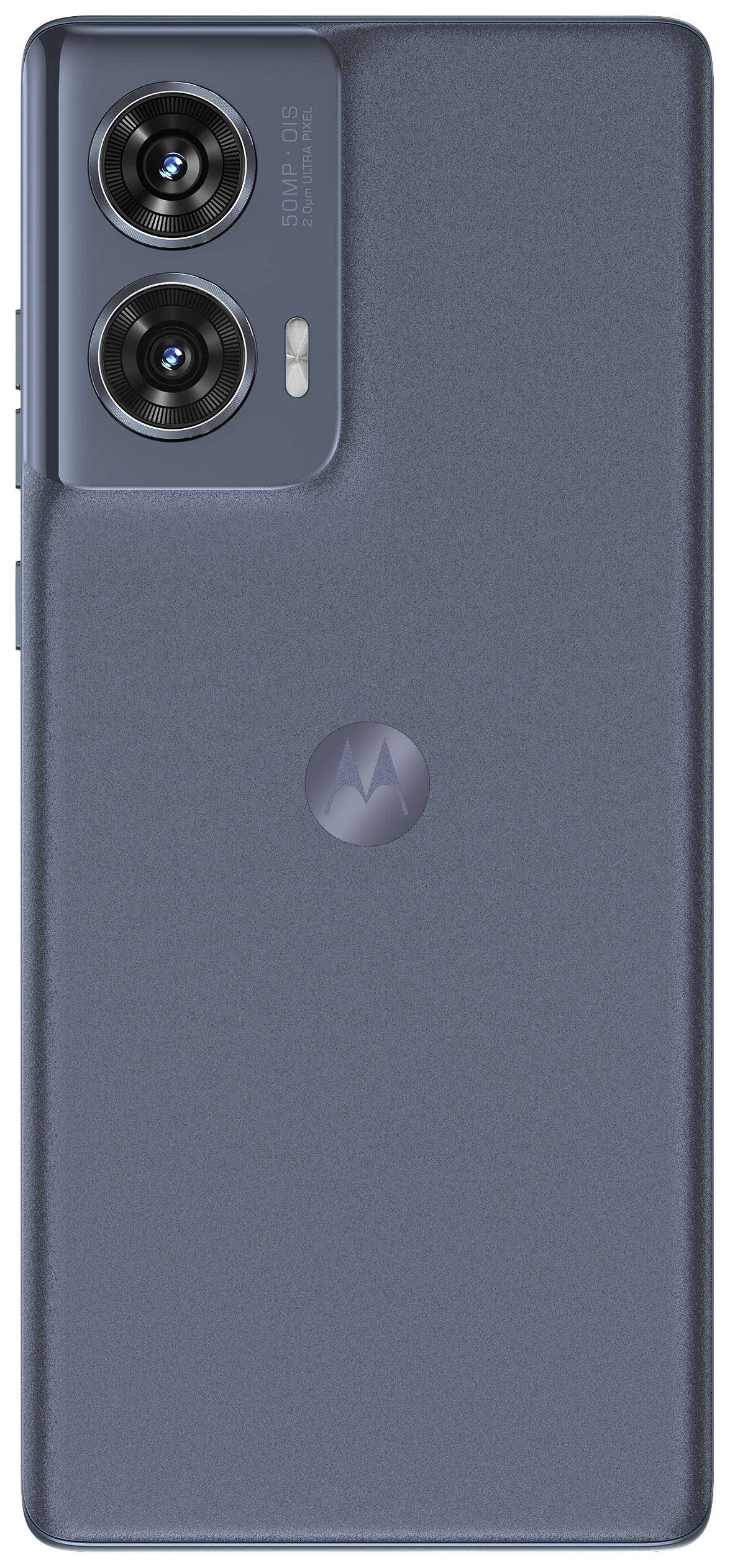 Ein blaues Smartphone mit zwei Kameralinsen auf der Rückseite, das Motorola-Logo sichtbar.