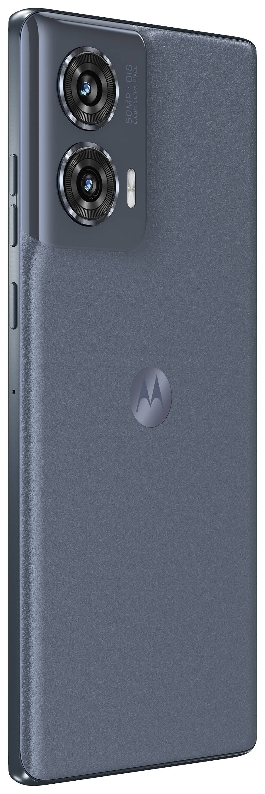 Smartphone in Dunkelgrau mit zwei Kameras auf der Rückseite. Das Motorola-Logo in der Mitte ist sichtbar.