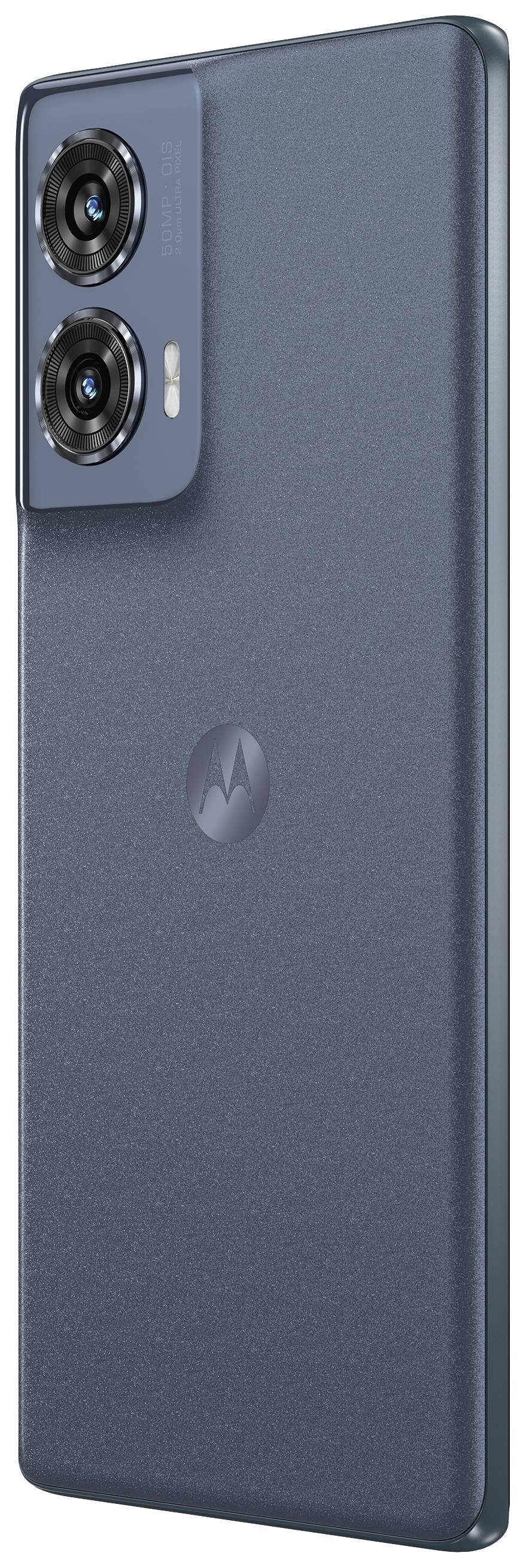 Ein modernes Smartphone mit zwei Kameralinsen auf der Rückseite, dunkelblaues Gehäuse, schlichtes Design ohne sichtbare Tasten.