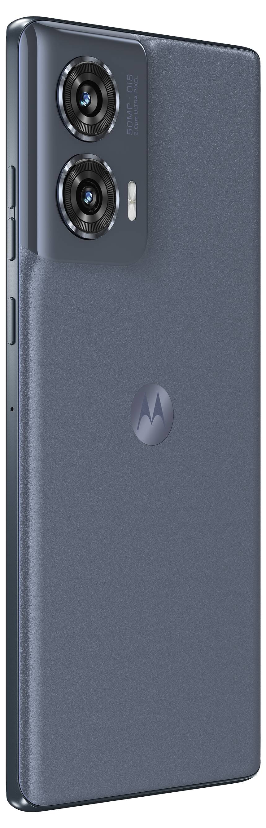 Ein dunkelgraues Smartphone mit zwei rückwärtigen Kameras und einem Motorola-Logo auf der Rückseite. An der Seite befinden sich Lautstärke- und Netzschalter.