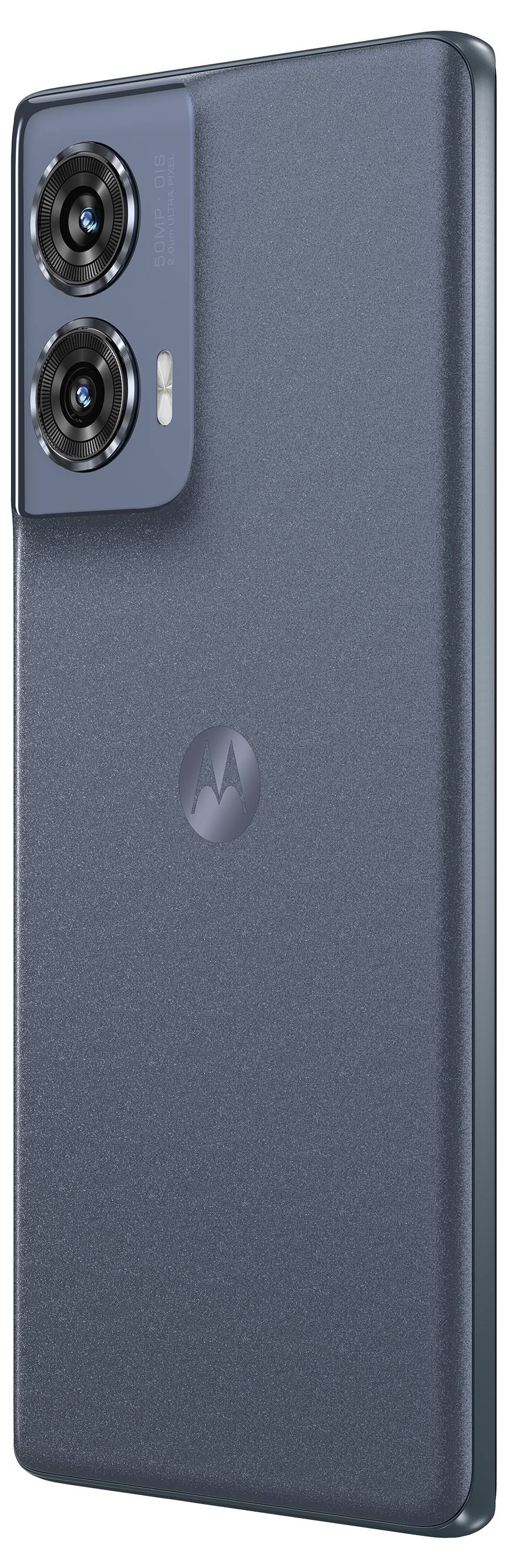 Ein schlankes, blaues Smartphone mit Doppelkameras auf der Rückseite, mit dem Motorola-Logo unterhalb des Kameramoduls.