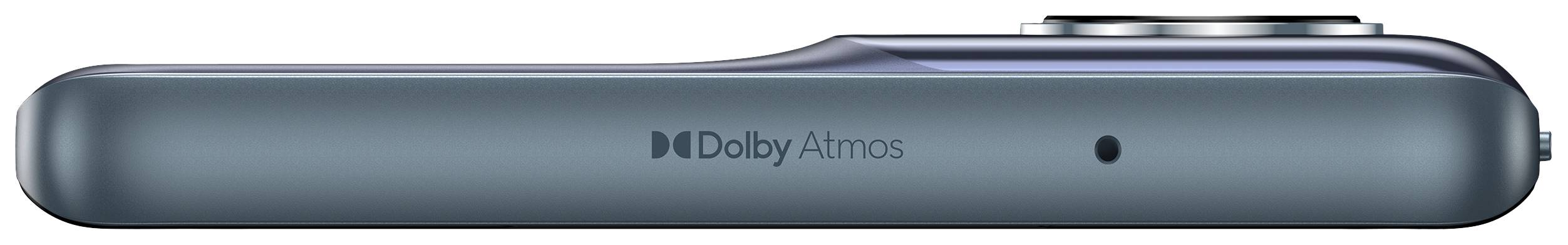 Seitliche Ansicht eines schlanken Geräts in Blau mit 'Dolby Atmos'-Logo, zeigt Technologie zur Audiowiedergabe.
