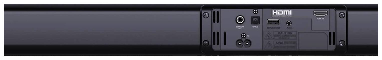 Rückseite einer Soundbar mit Anschlüssen: HDMI, Optical, USB und Power. HDMI-Anschluss ist hervorgehoben.