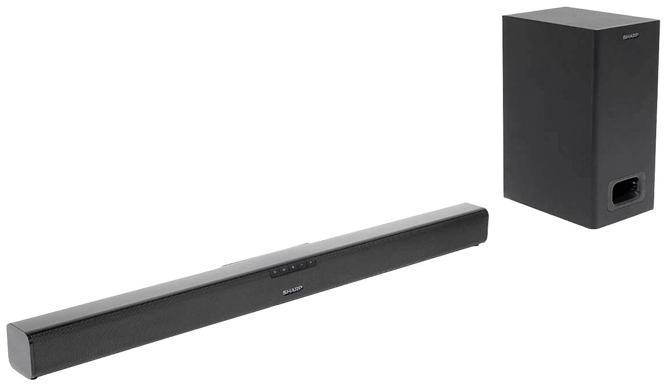 Schwarze Soundbar und Subwoofer vor weißem Hintergrund. Audioanlage für verbesserten TV-Sound.