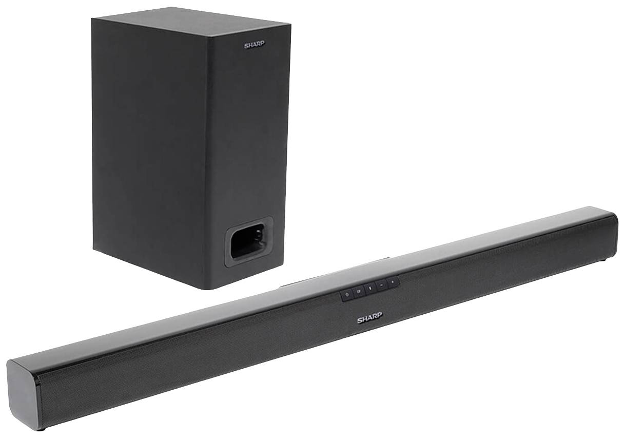 Soundbar und Subwoofer in schwarzer Farbe, Produktaufnahme.